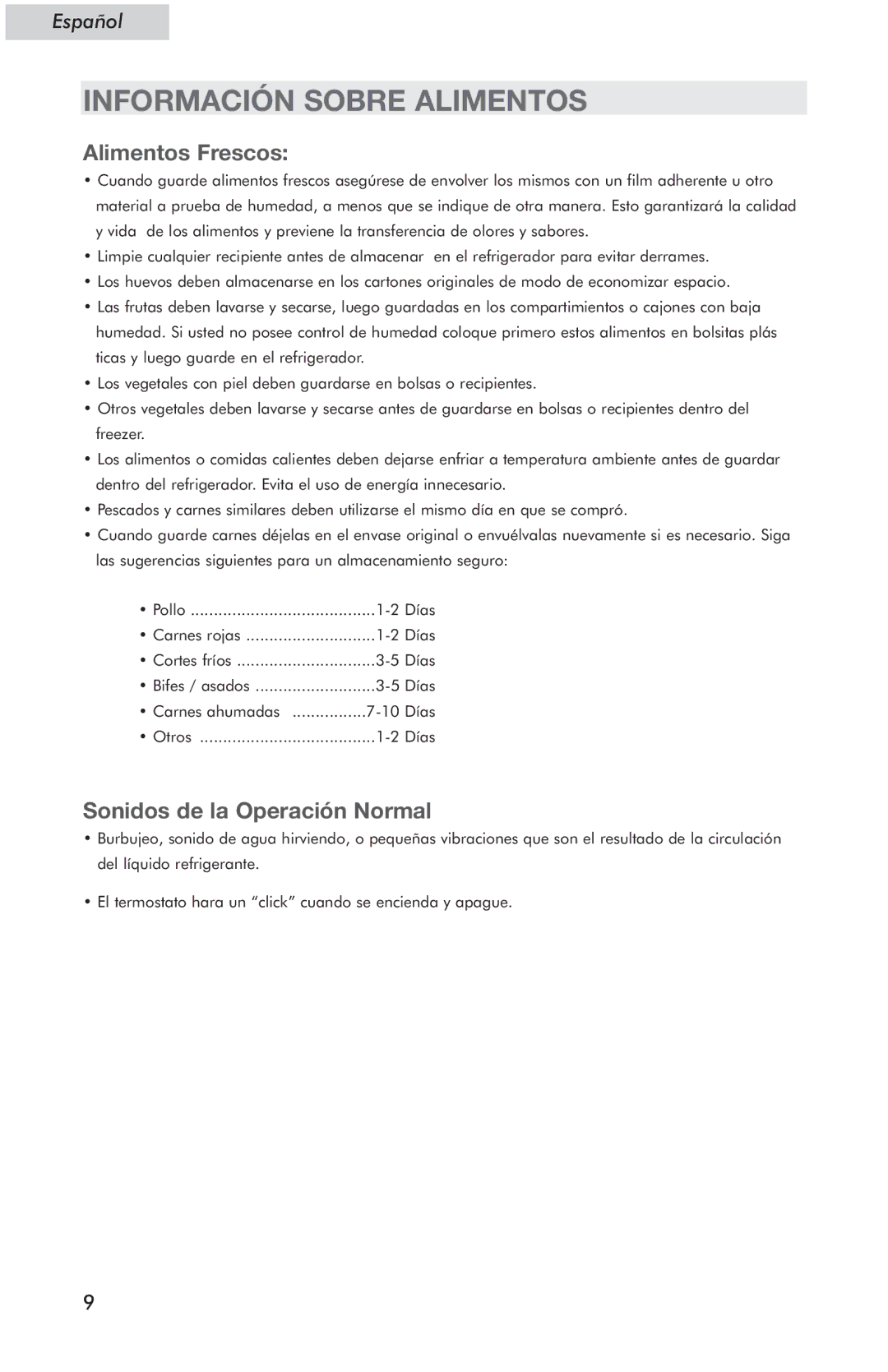 Haier HSE04WNC user manual Información Sobre Alimentos, Alimentos Frescos, Sonidos de la Operación Normal 