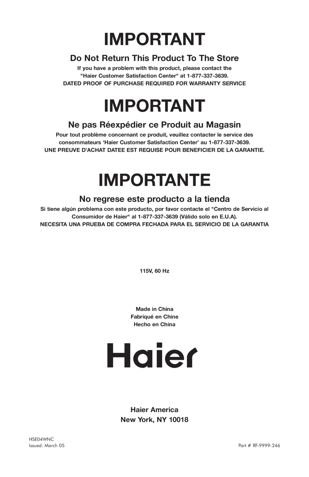 Haier HSE04WNC user manual Importante 