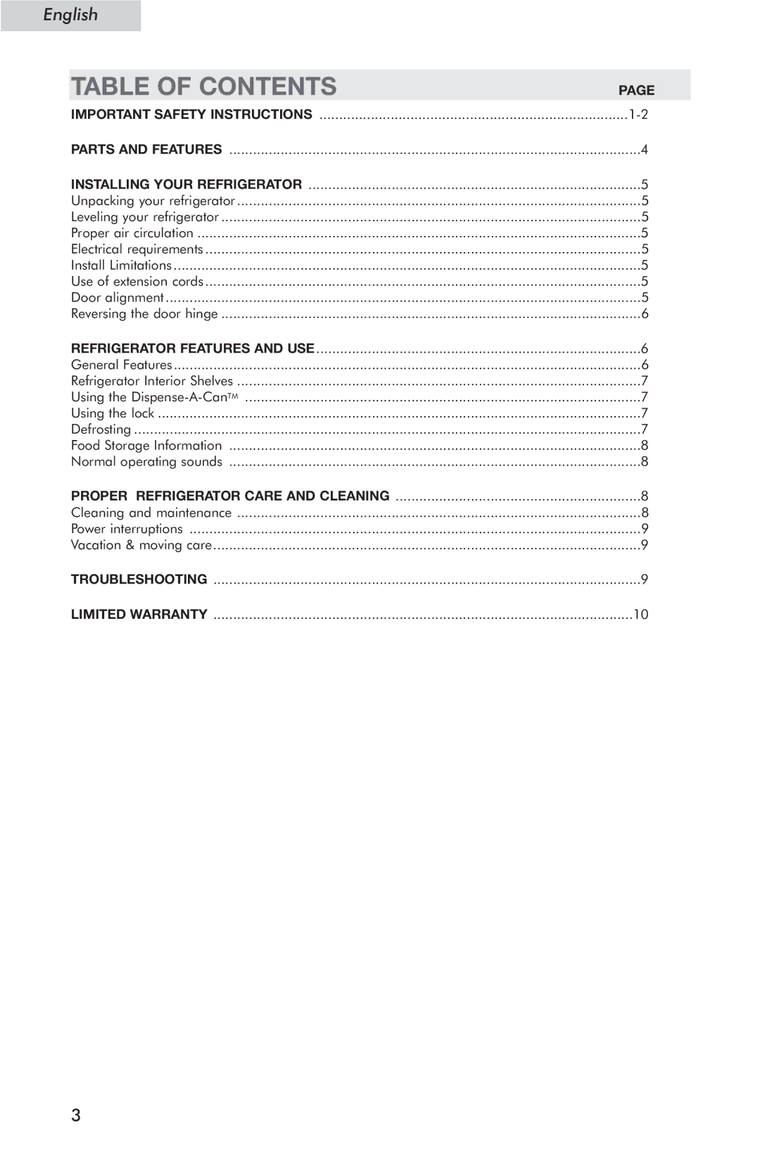 Haier HSE04WNC user manual Table of Contents 