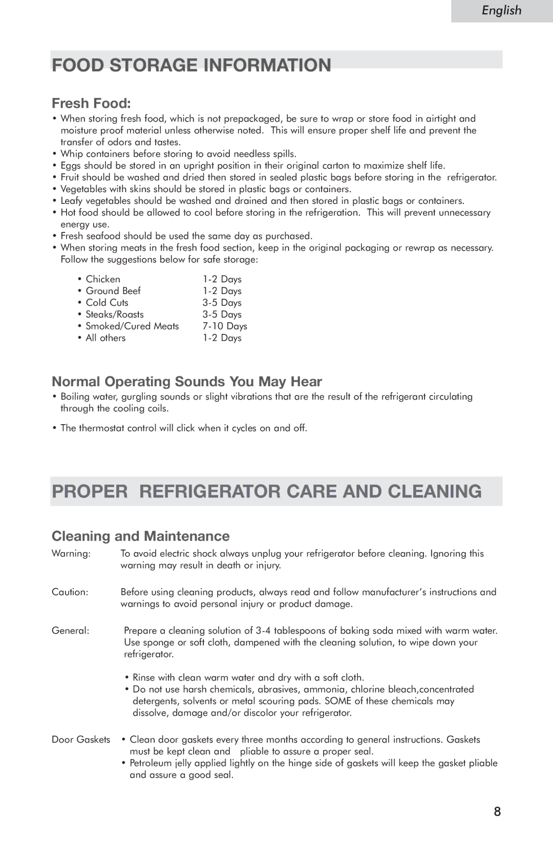 Haier HSE04WNC Food Storage Information, Proper Refrigerator Care and Cleaning, Fresh Food, Cleaning and Maintenance 