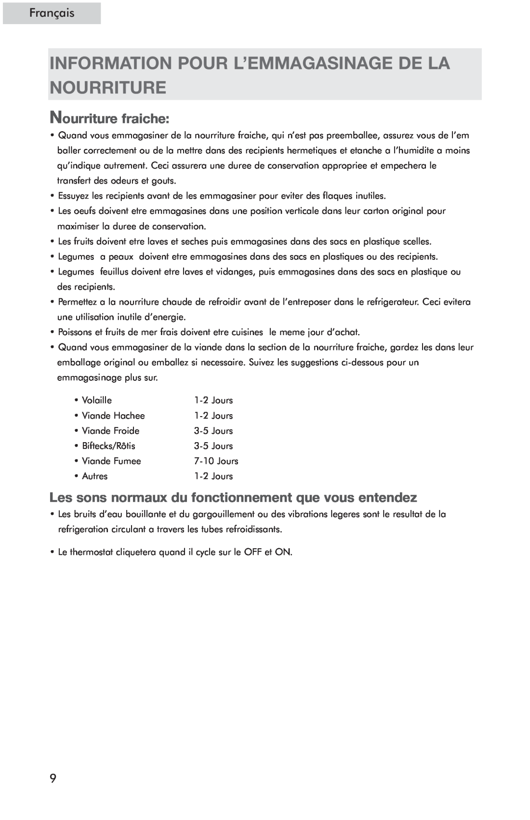 Haier HSE04WNC user manual Information Pour L’Emmagasinage De La Nourriture, Nourriture fraiche 