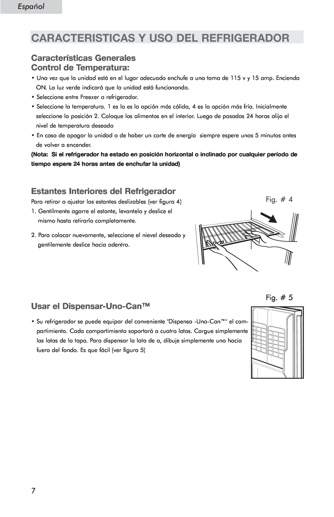 Haier HSE04WNC Caracteristicas Y Uso Del Refrigerador, Características Generales Control de Temperatura, Español 