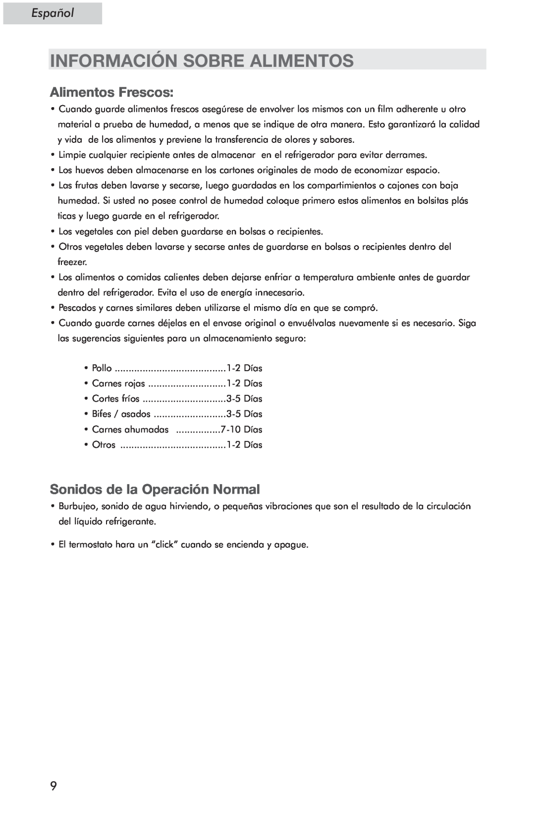 Haier HSE04WNC user manual Información Sobre Alimentos, Alimentos Frescos, Sonidos de la Operación Normal, Español 
