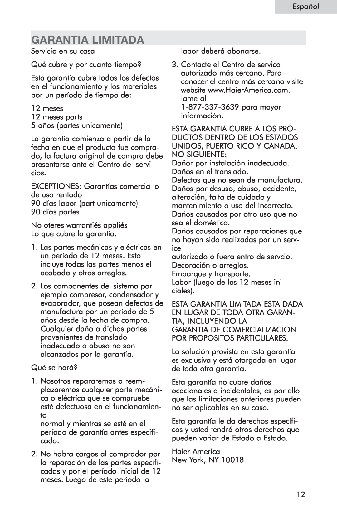 Haier HSE04WNC user manual Garantia Limitada, Español 