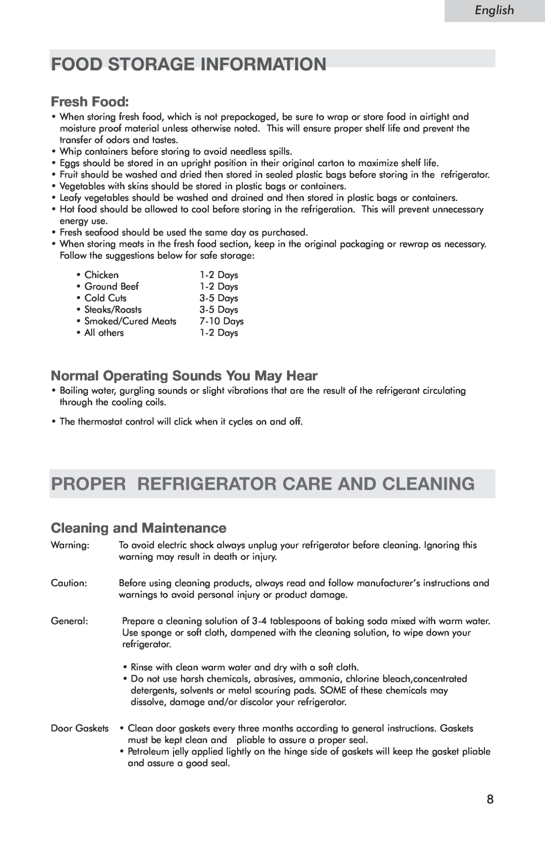 Haier HSE04WNC Food Storage Information, Proper Refrigerator Care And Cleaning, Fresh Food, Cleaning and Maintenance 