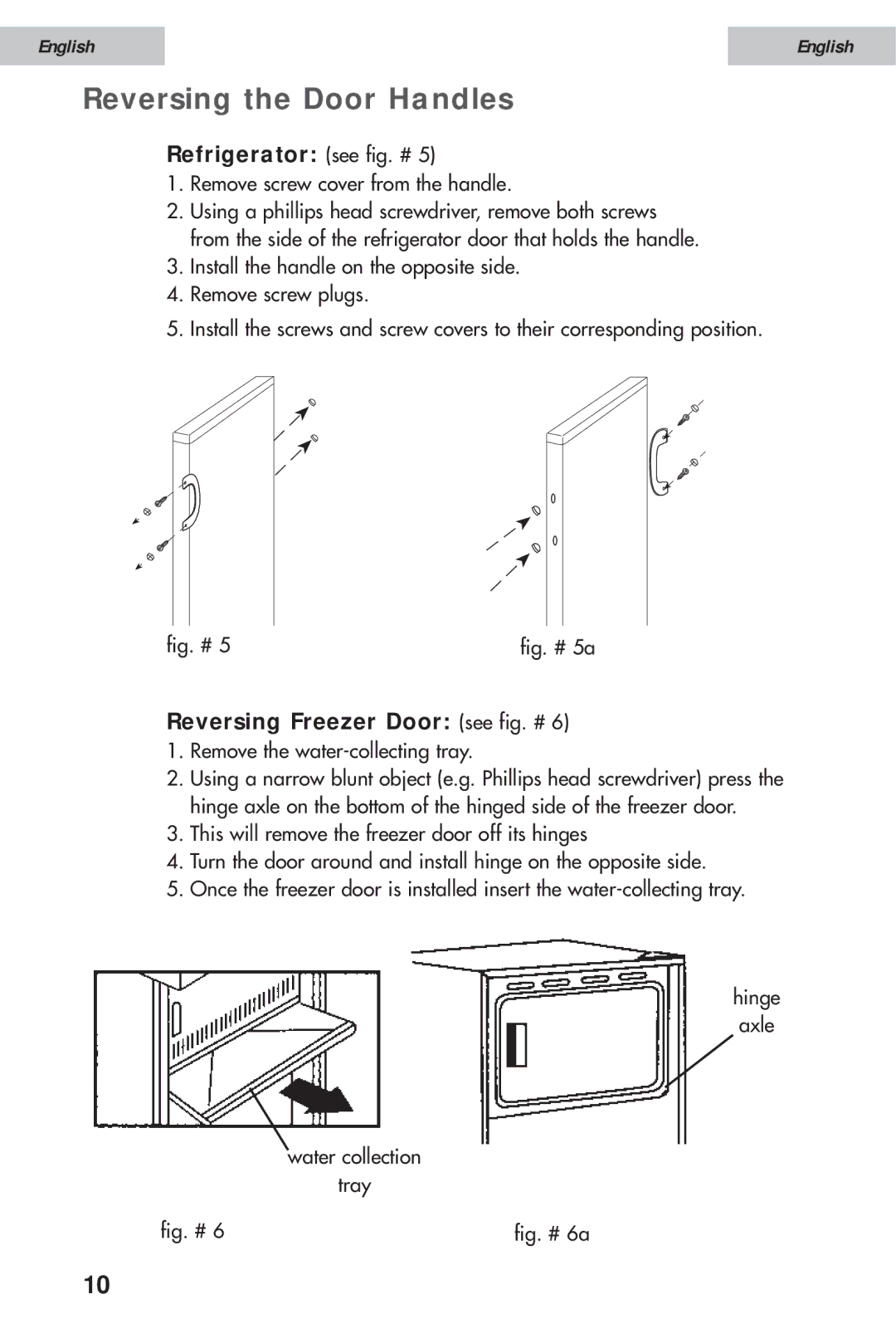 Haier HSE08WNA, HSE12WNA, HSE10WNA Reversing the Door Handles, Refrigerator see fig. #, Reversing Freezer Door see fig. # 