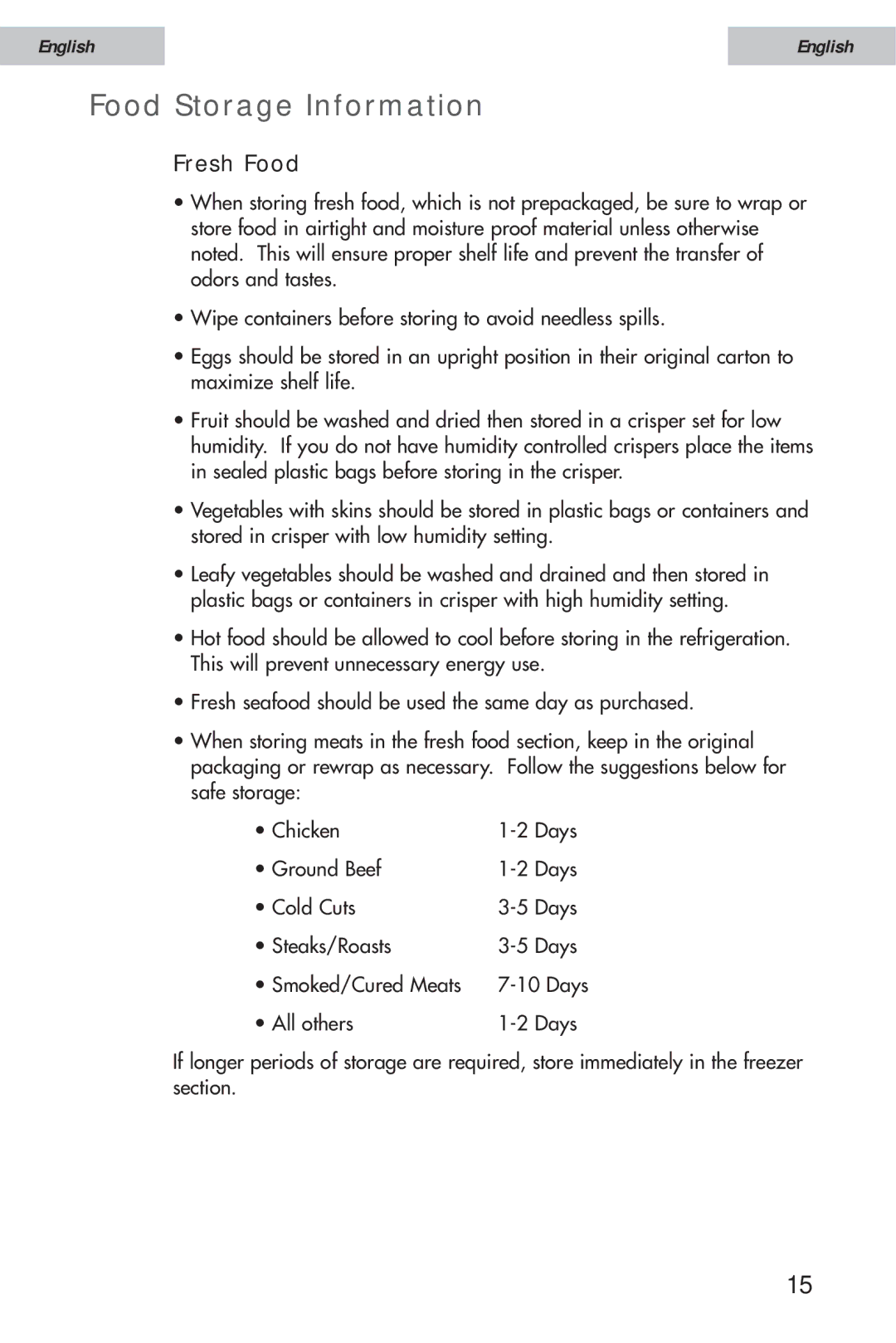 Haier HSE10WNA, HSE12WNA, HSE08WNA user manual Food Storage Information, Fresh Food 