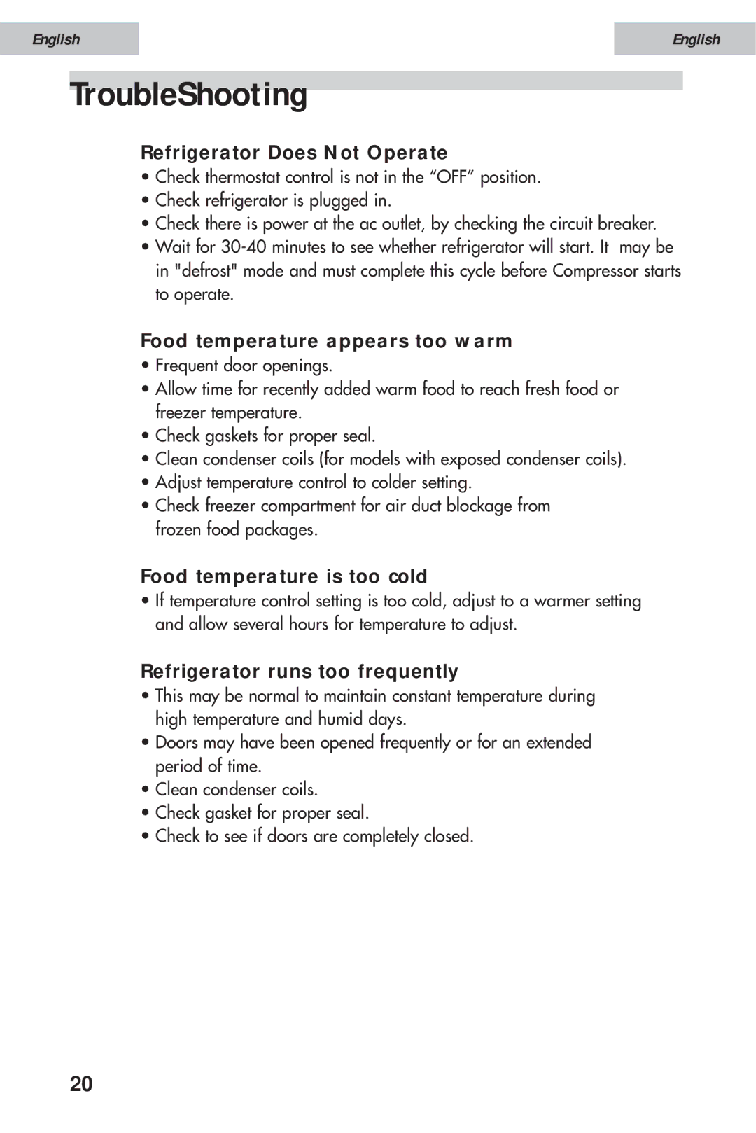 Haier HSE12WNA, HSE10WNA, HSE08WNA TroubleShooting, Refrigerator Does Not Operate, Food temperature appears too warm 