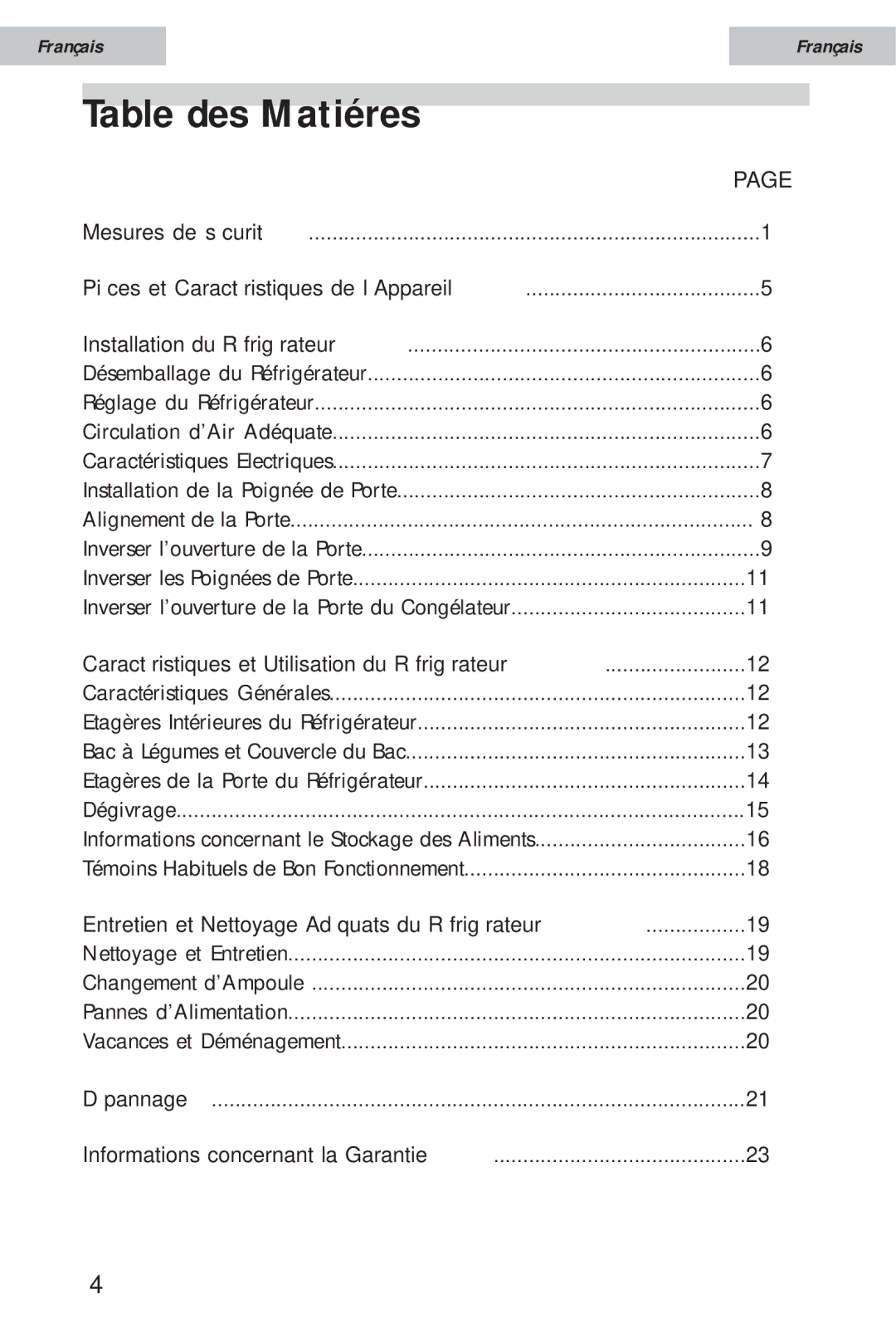 Haier HSE12WNA, HSE10WNA, HSE08WNA Table des Matiéres, Pièces et Caractéristiques de l’Appareil, Mesures de sécurité 