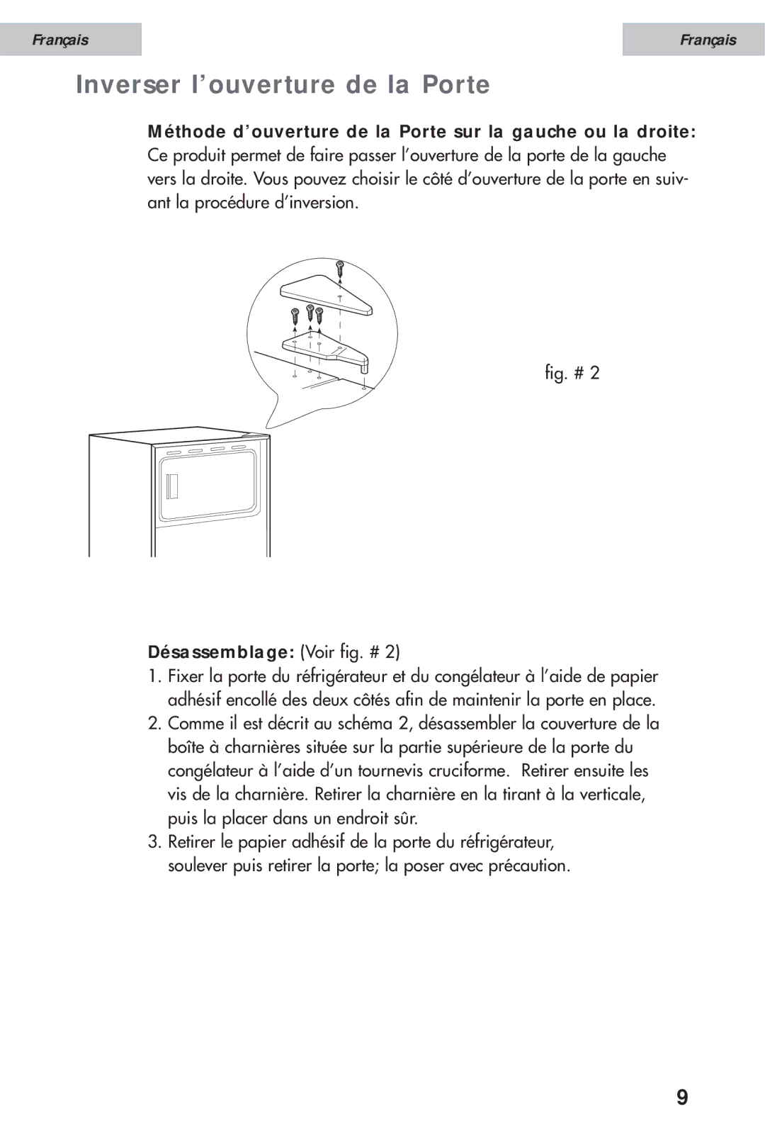 Haier HSE08WNA, HSE12WNA, HSE10WNA user manual Inverser l’ouverture de la Porte, Désassemblage Voir fig. # 