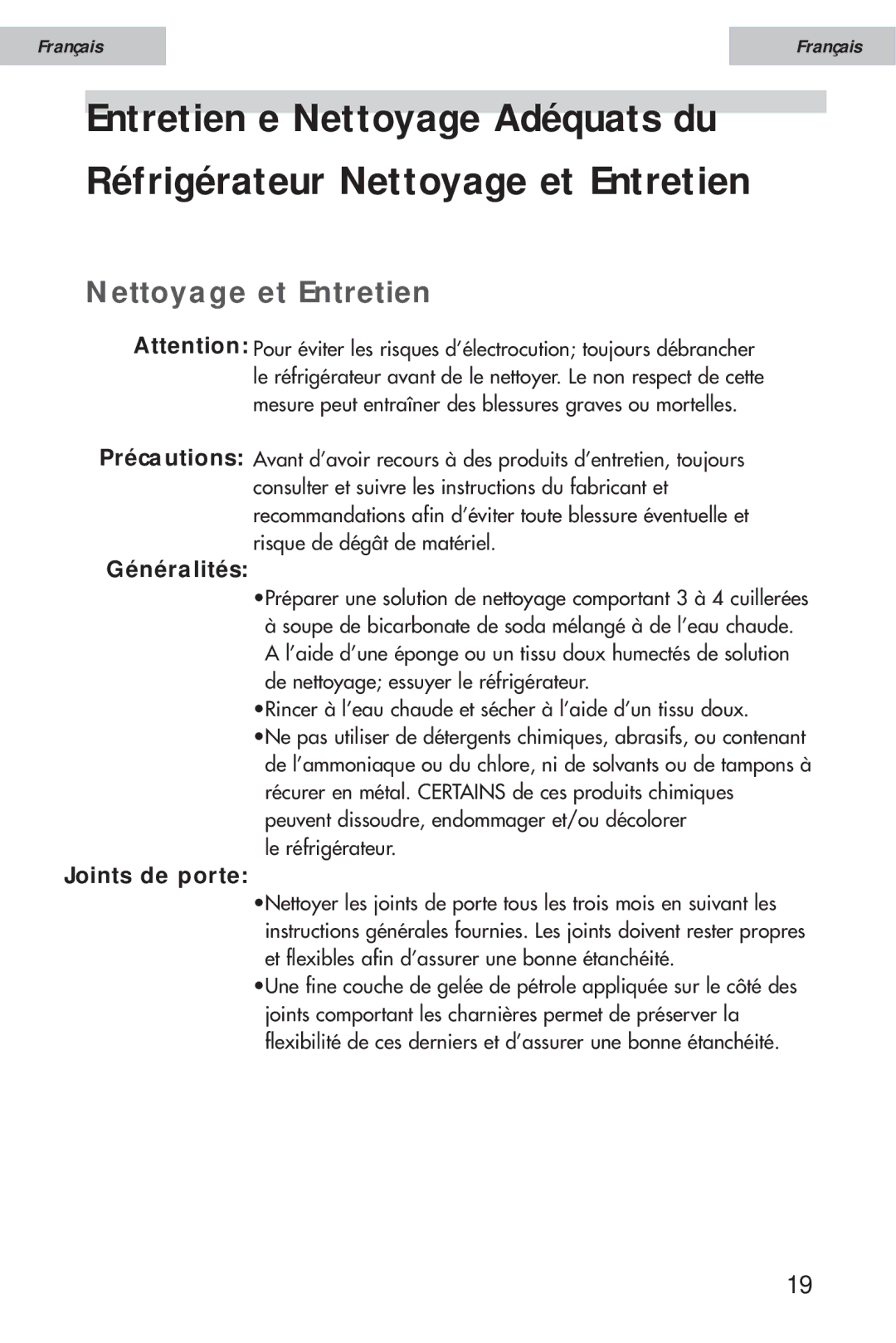 Haier HSE12WNA, HSE10WNA, HSE08WNA user manual Nettoyage et Entretien, Généralités, Joints de porte 