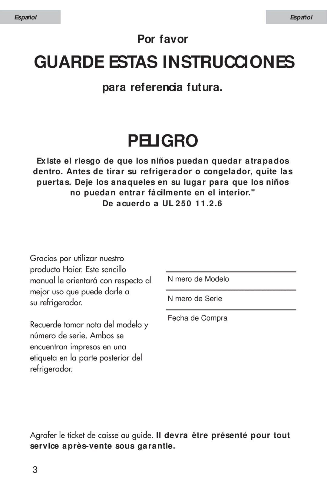 Haier HSE10WNA, HSE12WNA, HSE08WNA user manual Peligro 