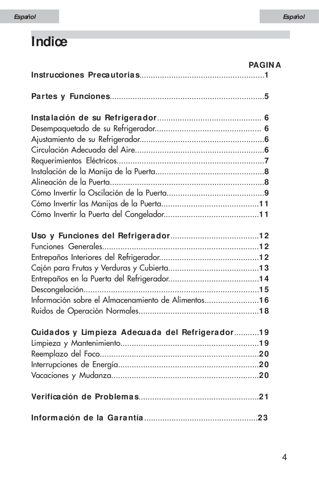 Haier HSE08WNA, HSE12WNA, HSE10WNA user manual Indice, Cuidados y Limpieza Adecuada del Refrigerador 