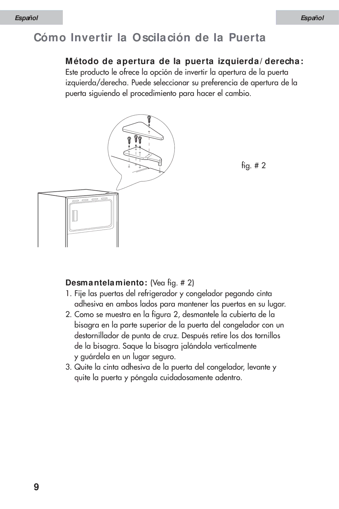 Haier HSE10WNA, HSE12WNA Cómo Invertir la Oscilación de la Puerta, Método de apertura de la puerta izquierda/derecha 