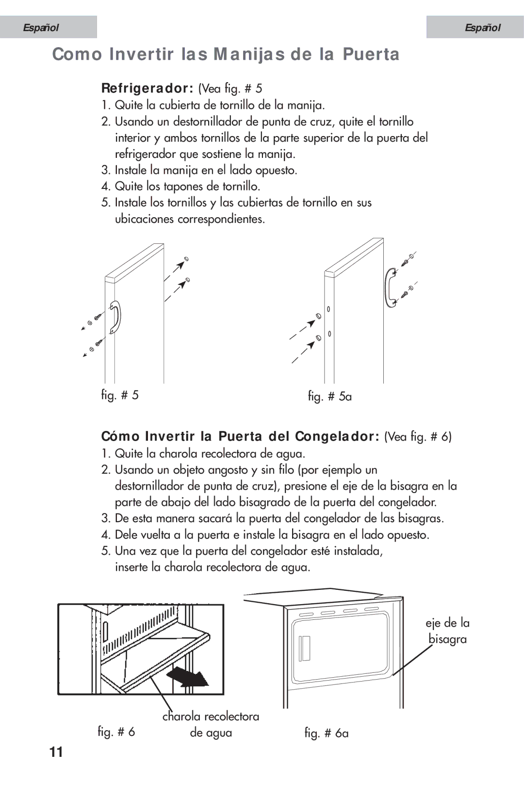 Haier HSE12WNA Como Invertir las Manijas de la Puerta, Refrigerador Vea fig. #, Cómo Invertir la Puerta del Congelador 