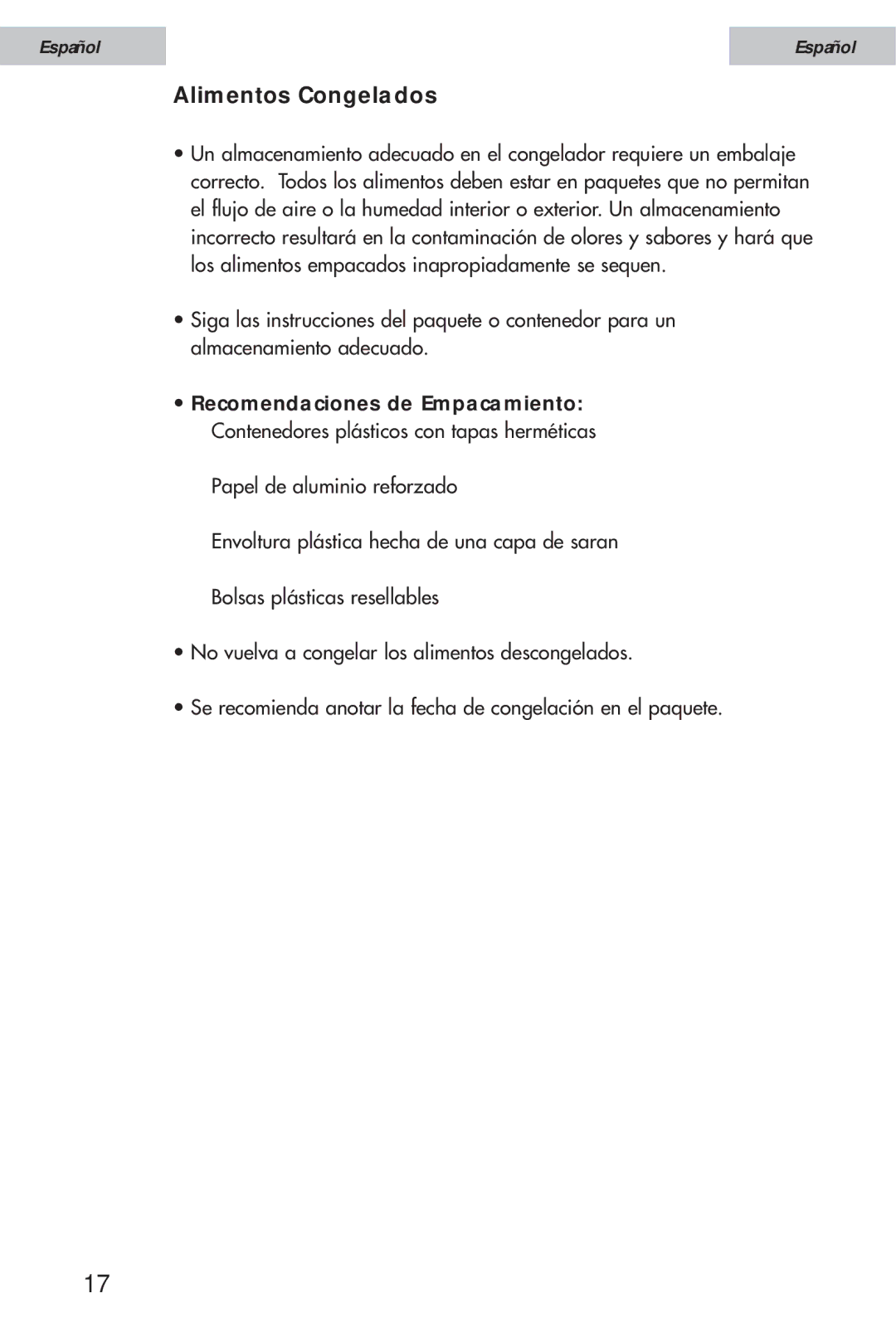 Haier HSE12WNA, HSE10WNA, HSE08WNA user manual Alimentos Congelados, Recomendaciones de Empacamiento 