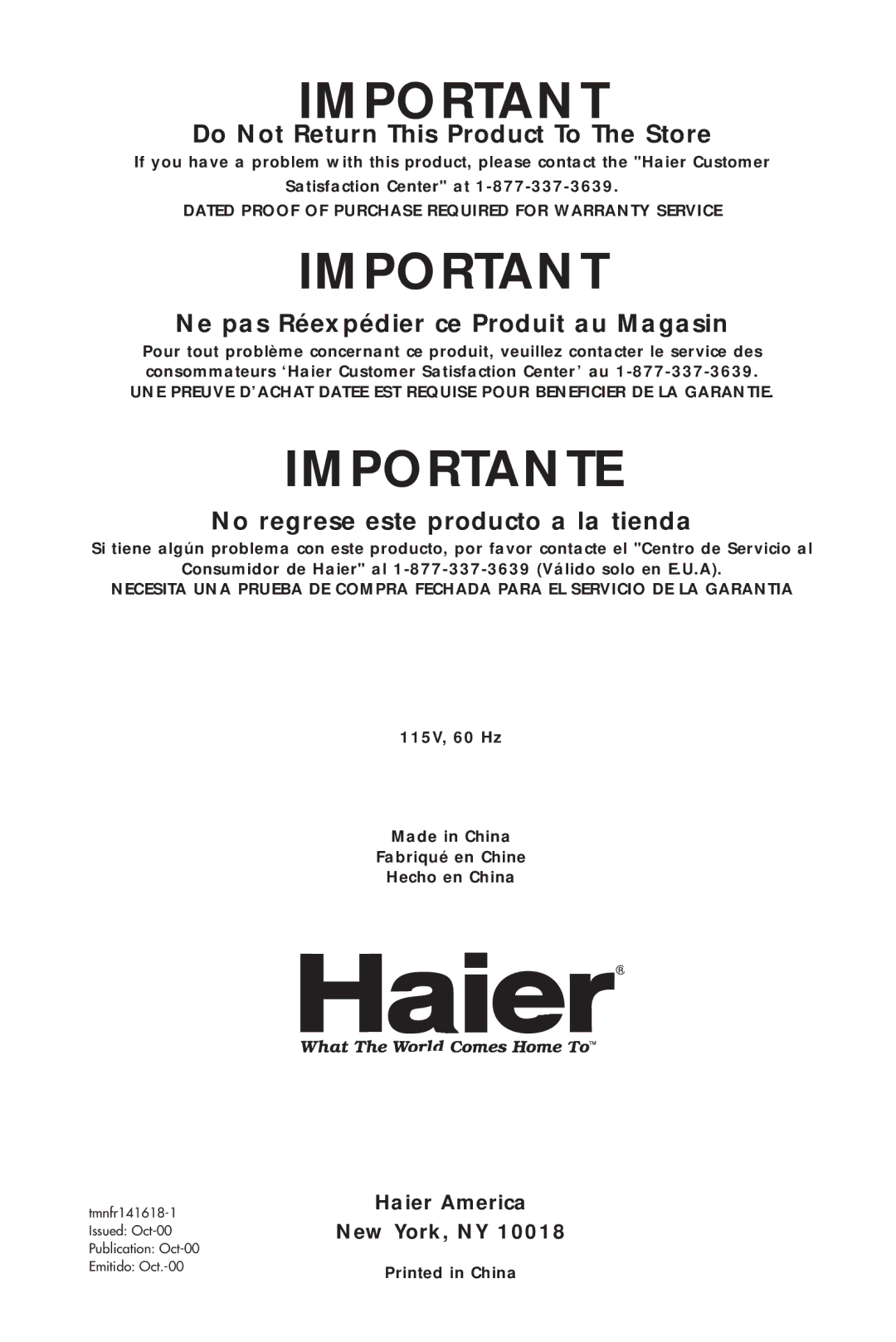 Haier HSE10WNA, HSE12WNA, HSE08WNA user manual Haier America, New York, NY 