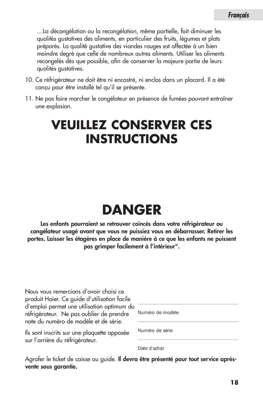 Haier HSP04WNB, HSL04WNA user manual Veuillez Conserver CES Instructions 