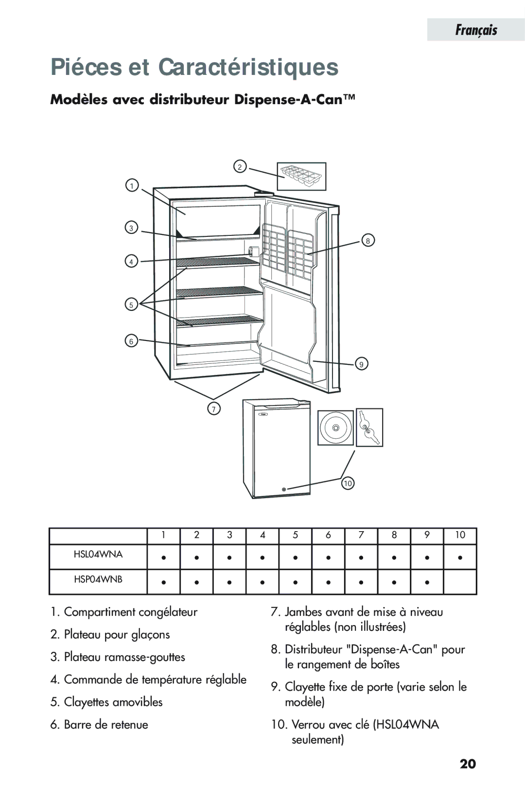 Haier HSP04WNB, HSL04WNA user manual Piéces et Caractéristiques, Modèles avec distributeur Dispense-A-Can 