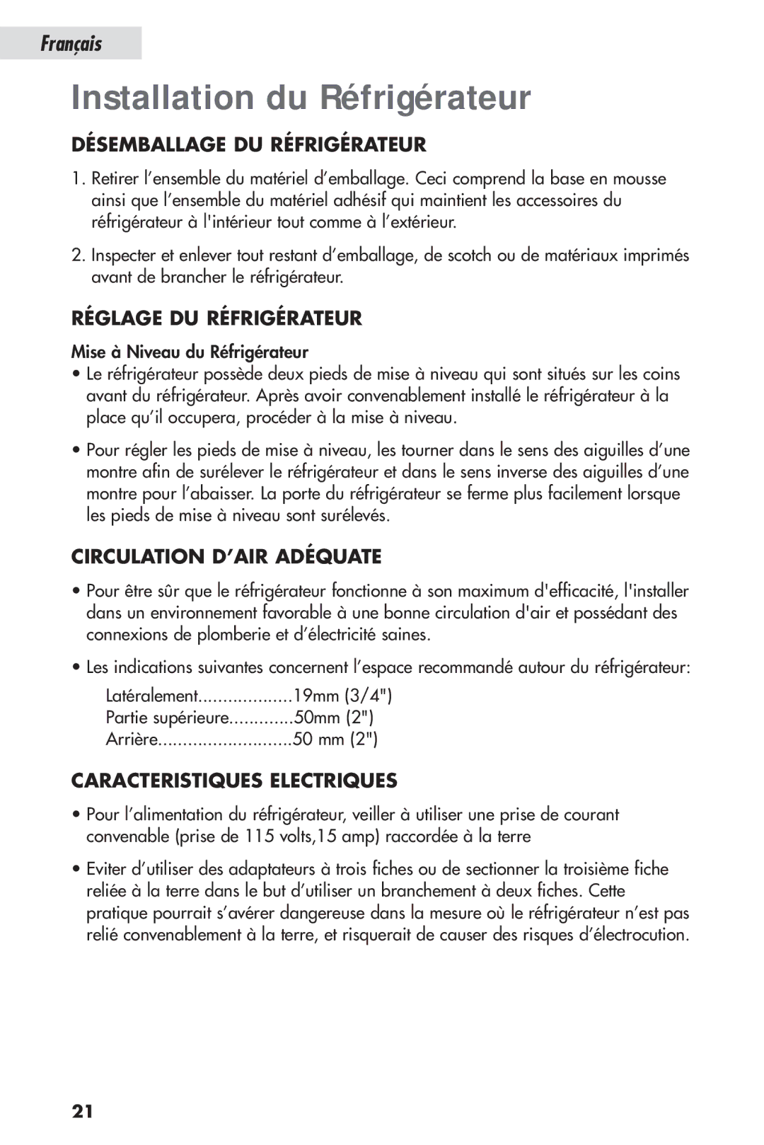 Haier HSL04WNA, HSP04WNB user manual Installation du Réfrigérateur, Désemballage DU Réfrigérateur, Réglage DU Réfrigérateur 