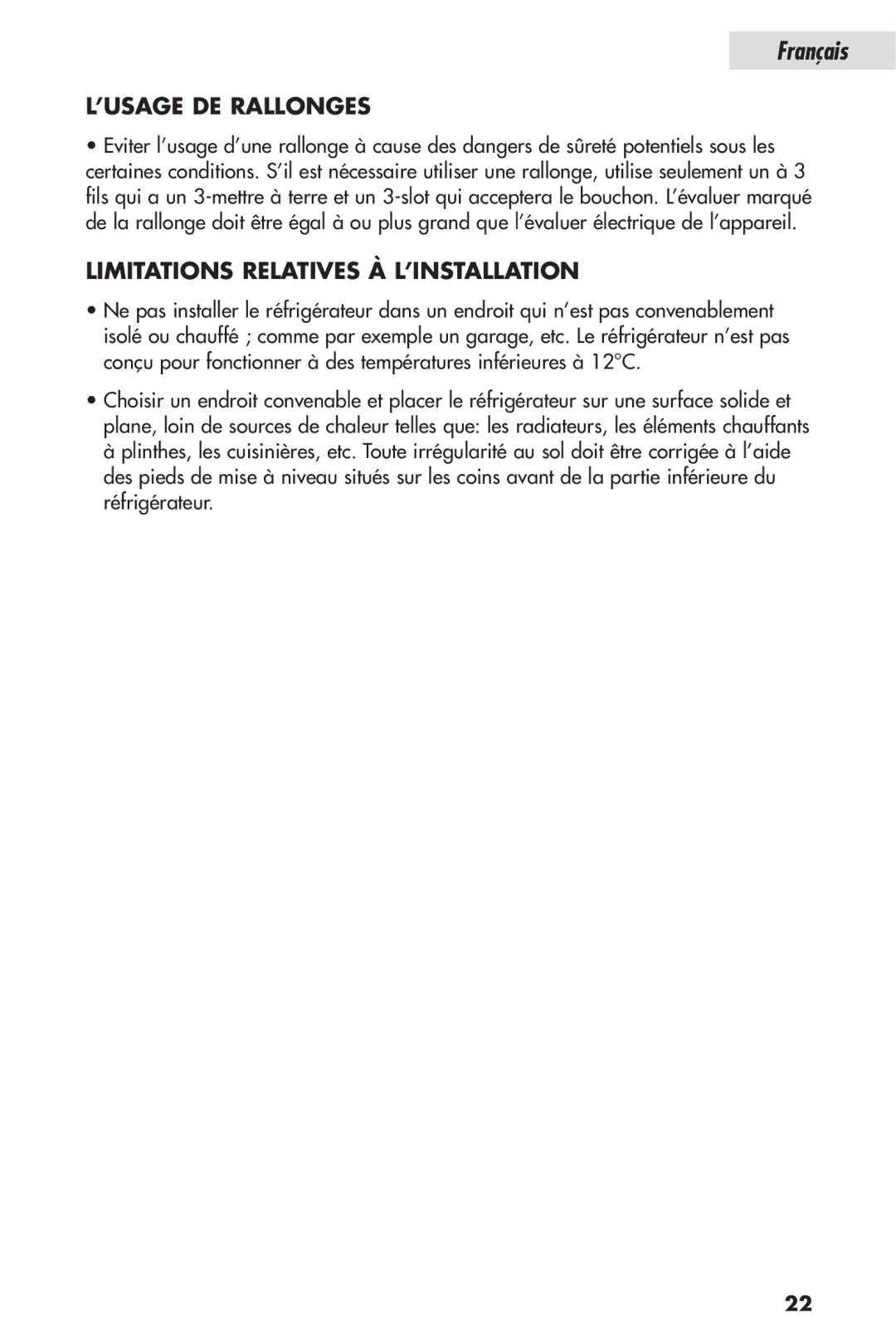 Haier HSP04WNB, HSL04WNA user manual ’USAGE DE Rallonges, Limitations Relatives À L’INSTALLATION 