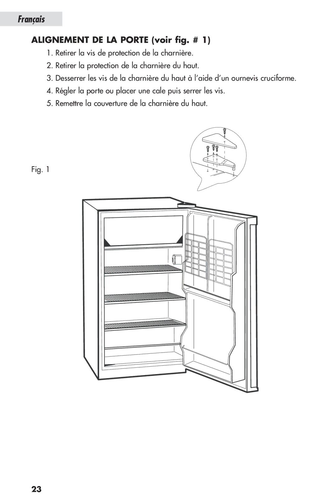 Haier HSL04WNA, HSP04WNB user manual Alignement DE LA Porte voir fig. # 