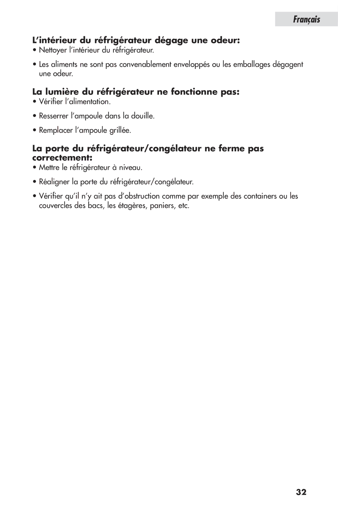 Haier HSP04WNB, HSL04WNA ’intérieur du réfrigérateur dégage une odeur, La lumière du réfrigérateur ne fonctionne pas 