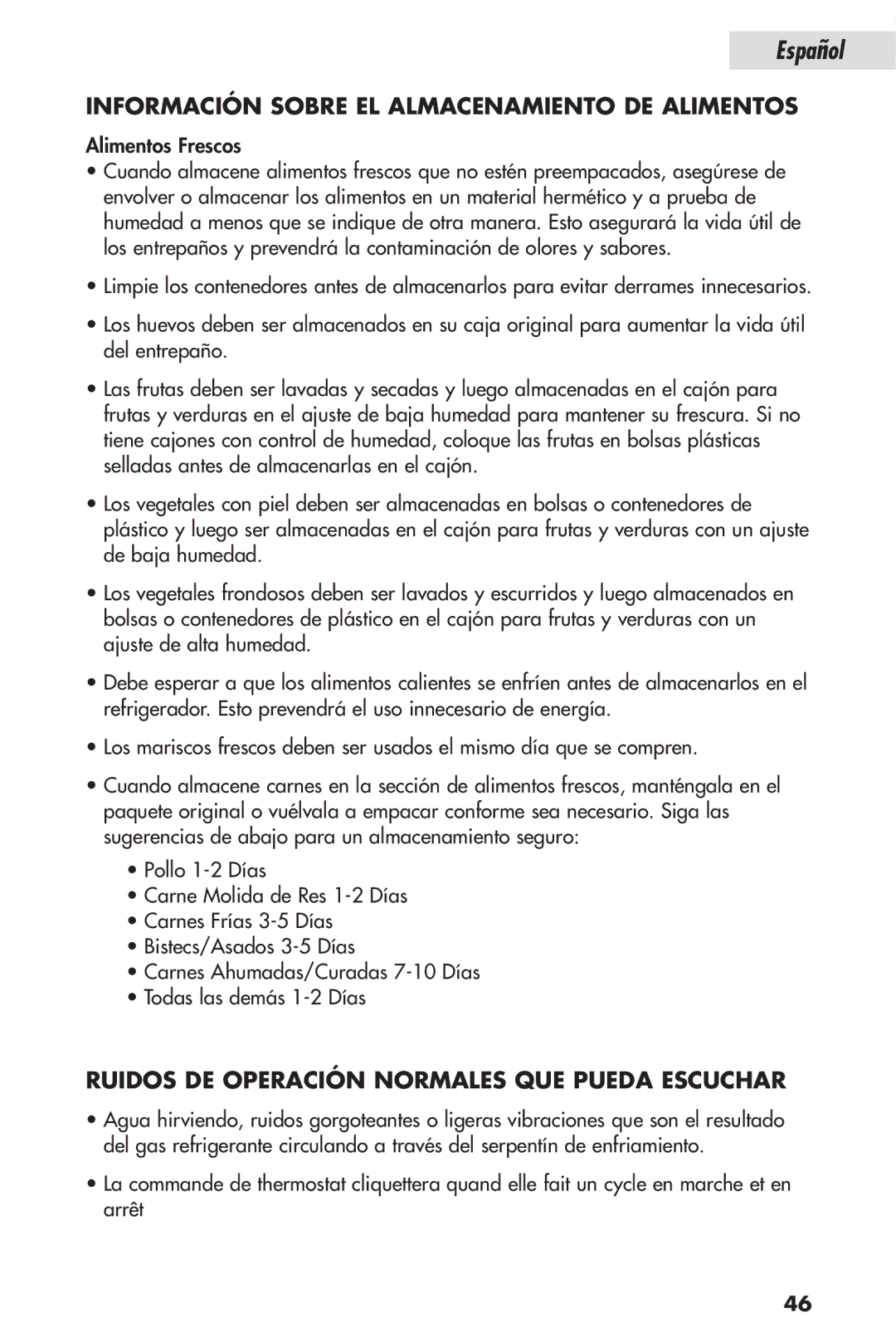 Haier HSP04WNB, HSL04WNA Información Sobre EL Almacenamiento DE Alimentos, Ruidos DE Operación Normales QUE Pueda Escuchar 