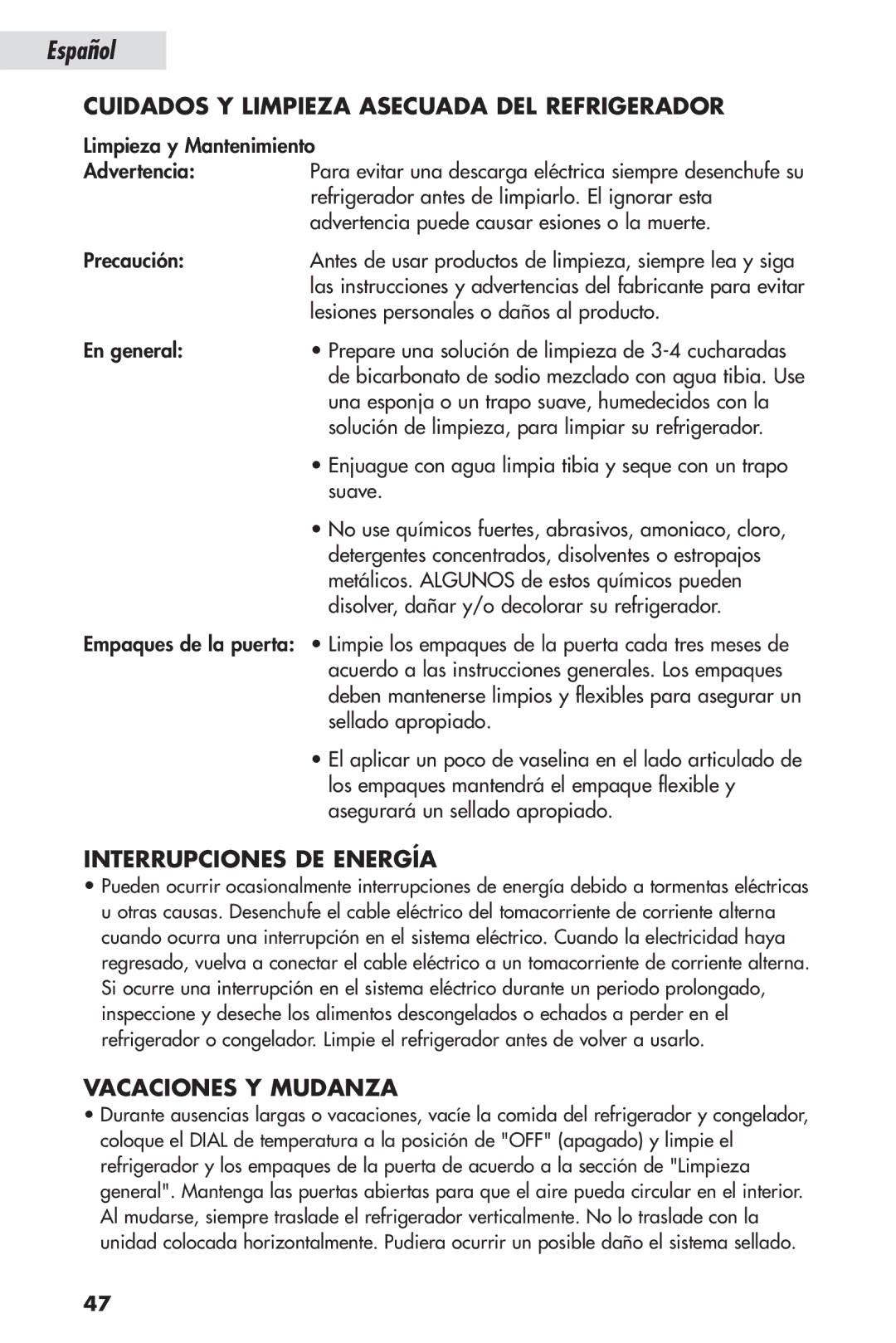 Haier HSL04WNA, HSP04WNB Cuidados Y Limpieza Asecuada DEL Refrigerador, Interrupciones DE Energía, Vacaciones Y Mudanza 