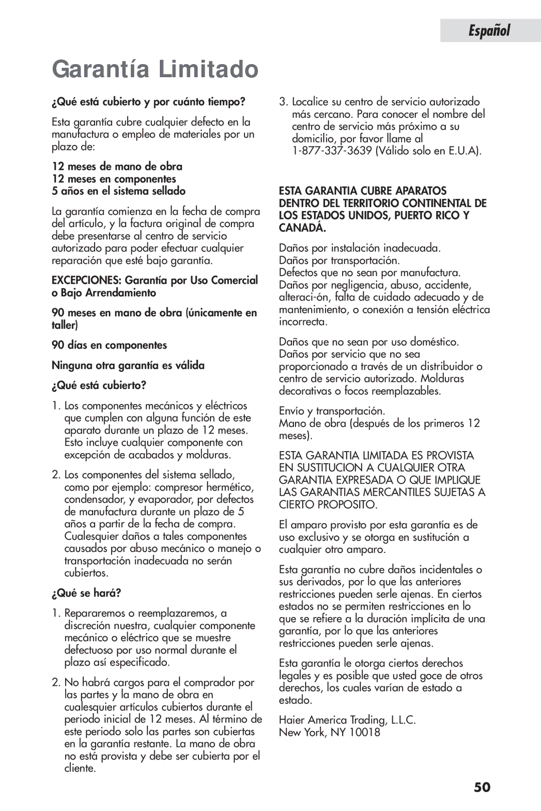 Haier HSP04WNB, HSL04WNA user manual Garantía Limitado 