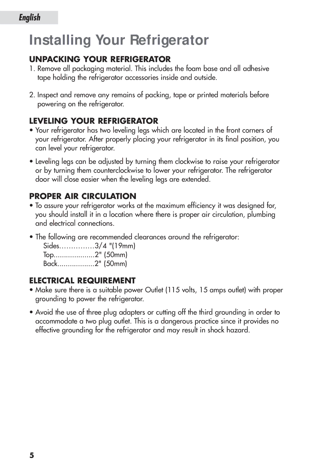 Haier HSL04WNA, HSP04WNB user manual Installing Your Refrigerator, Unpacking Your Refrigerator, Leveling Your Refrigerator 