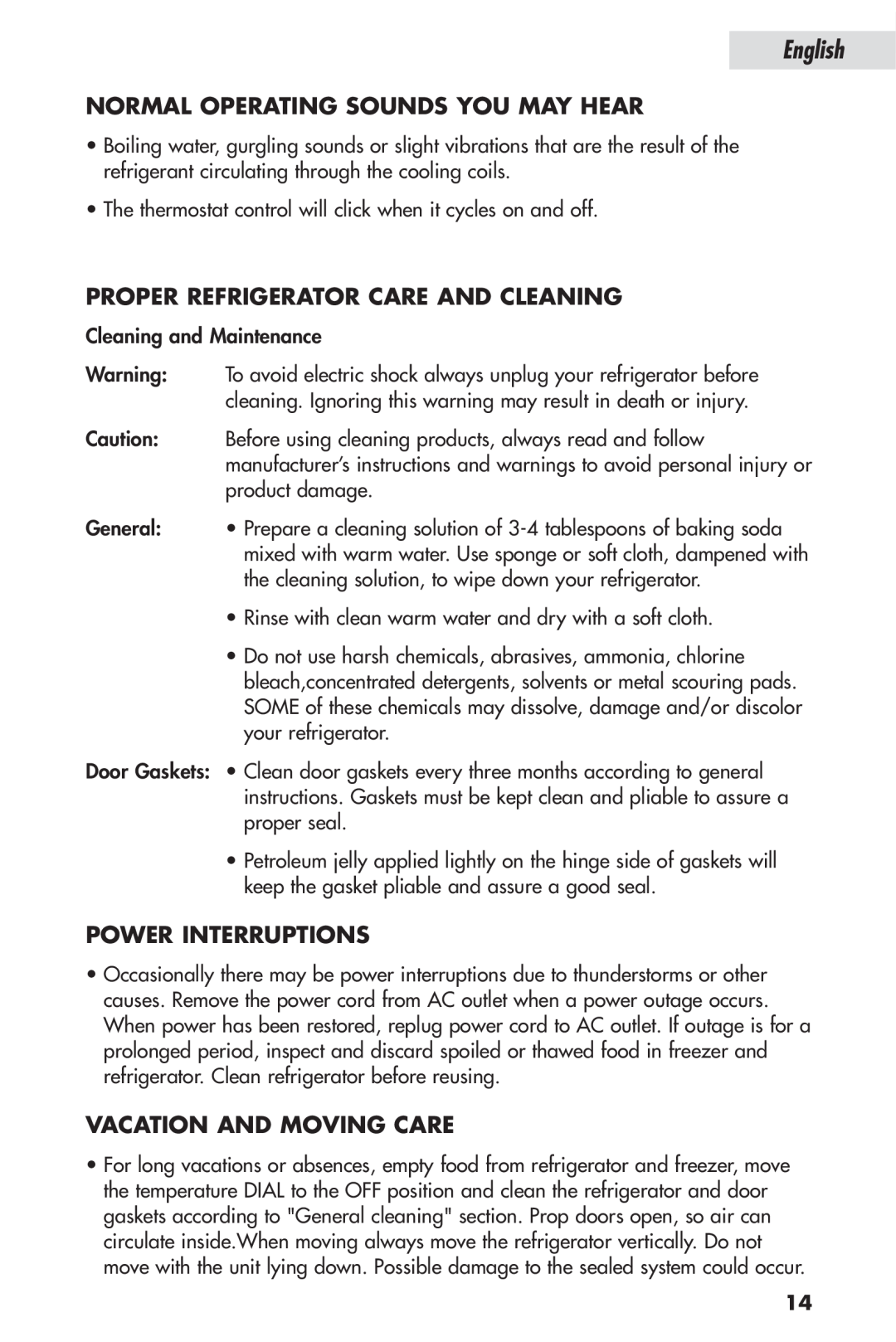 Haier HSP04WNB Normal Operating Sounds You May Hear, Proper Refrigerator Care And Cleaning, Power Interruptions, English 