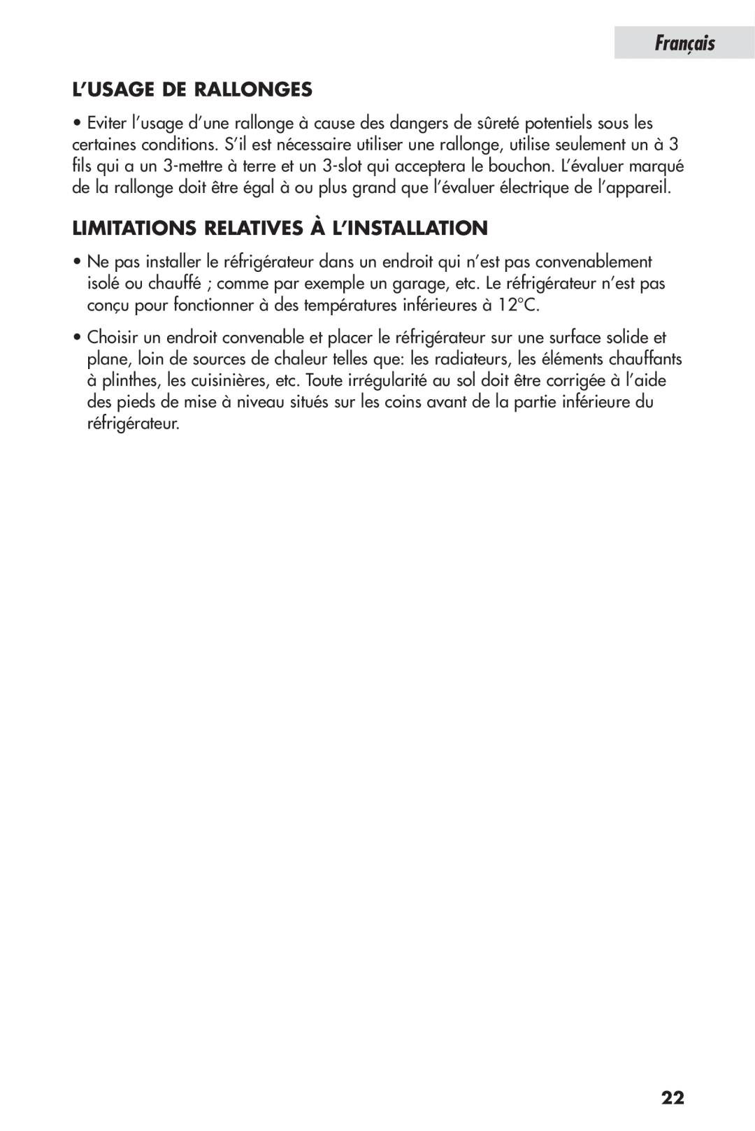 Haier HSP04WNB, HSL04WNA user manual L’Usage De Rallonges, Limitations Relatives À L’Installation, Français 