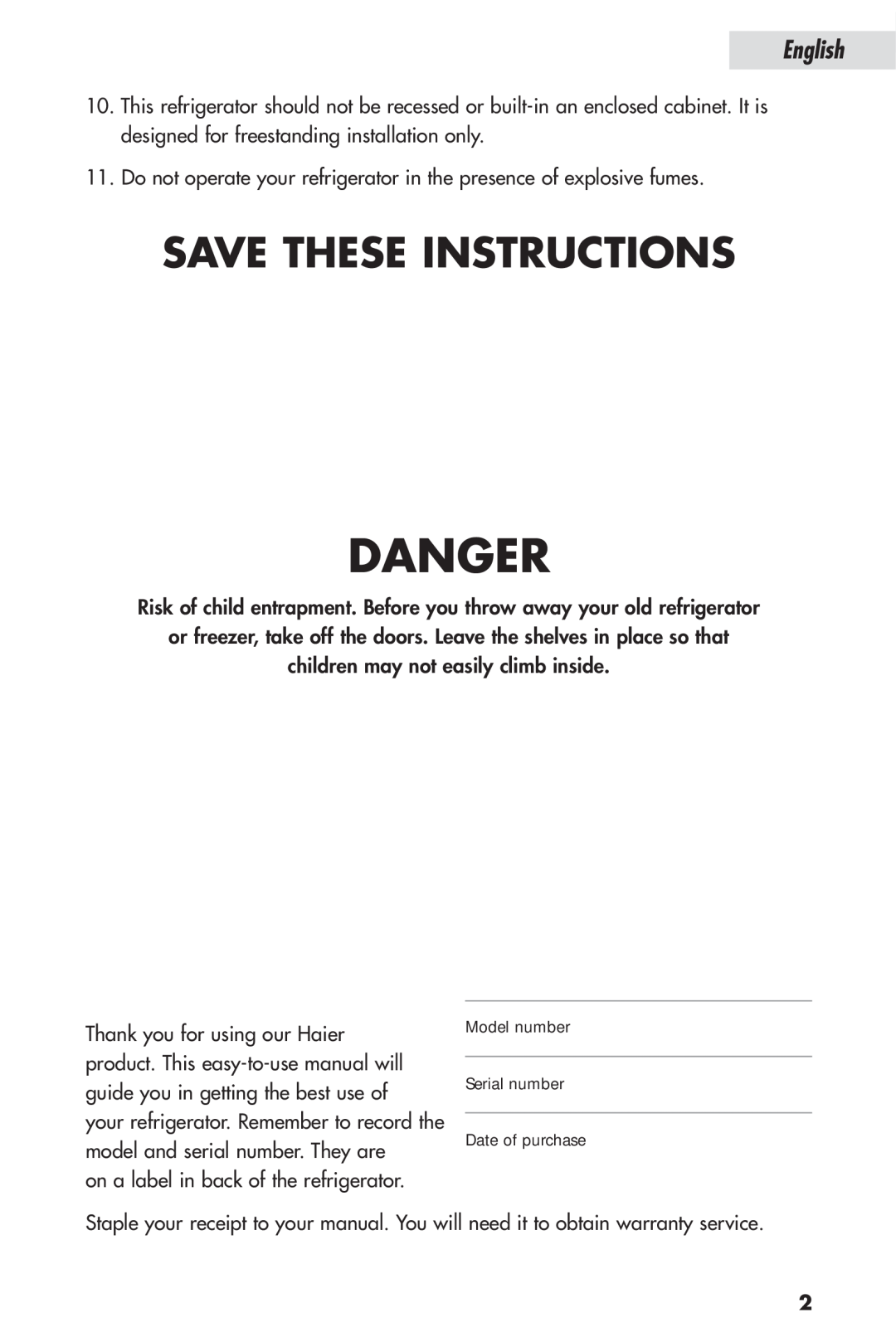 Haier HSP04WNB, HSL04WNA user manual Danger, Save These Instructions, English 