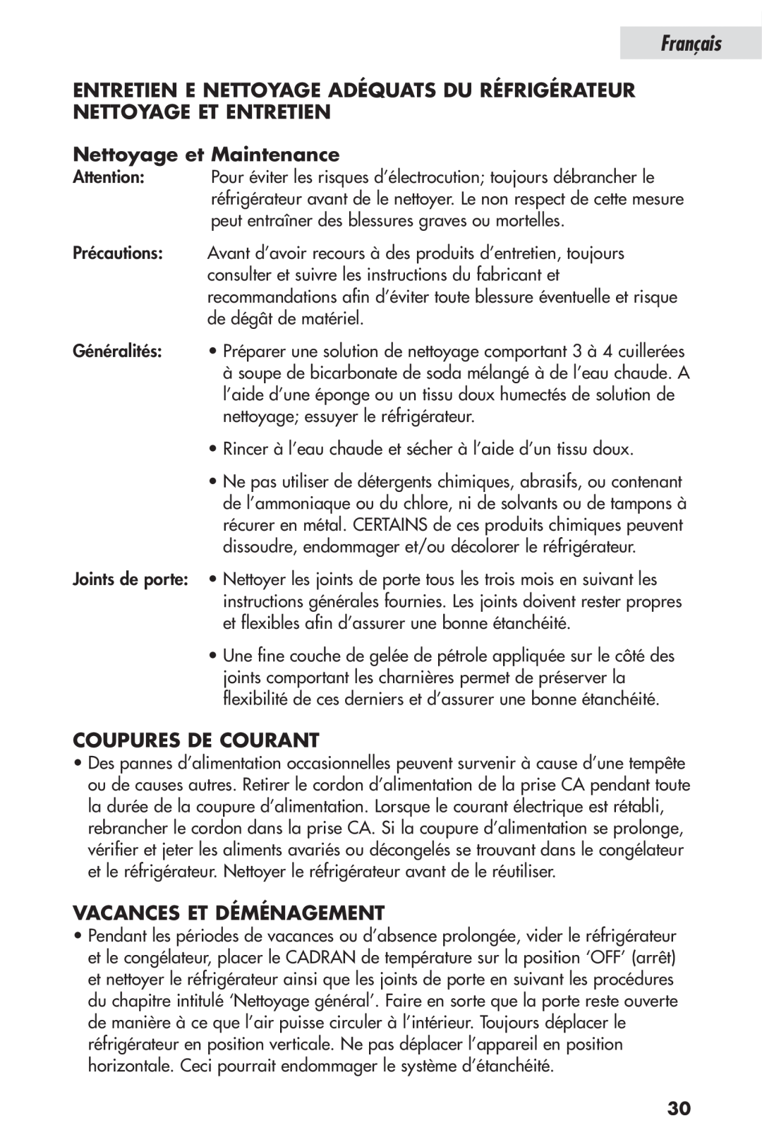 Haier HSP04WNB, HSL04WNA user manual Nettoyage et Maintenance, Coupures De Courant, Vacances Et Déménagement, Français 