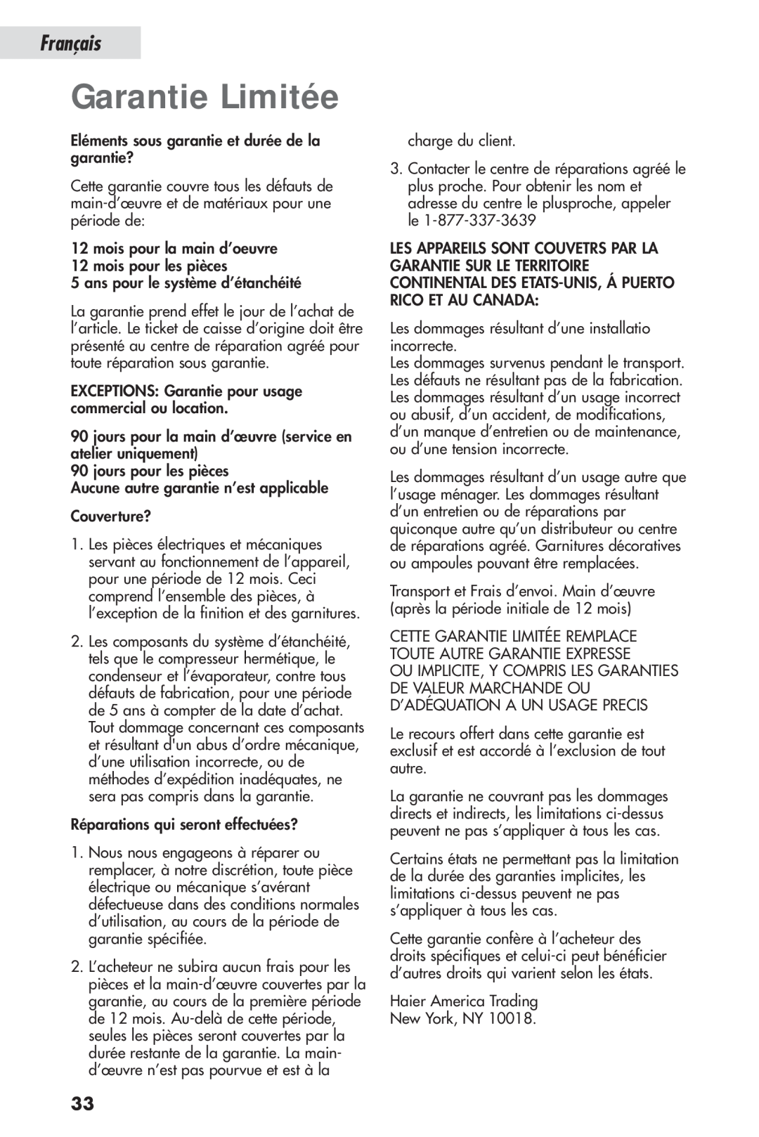 Haier HSL04WNA, HSP04WNB user manual Garantie Limitée, Français 