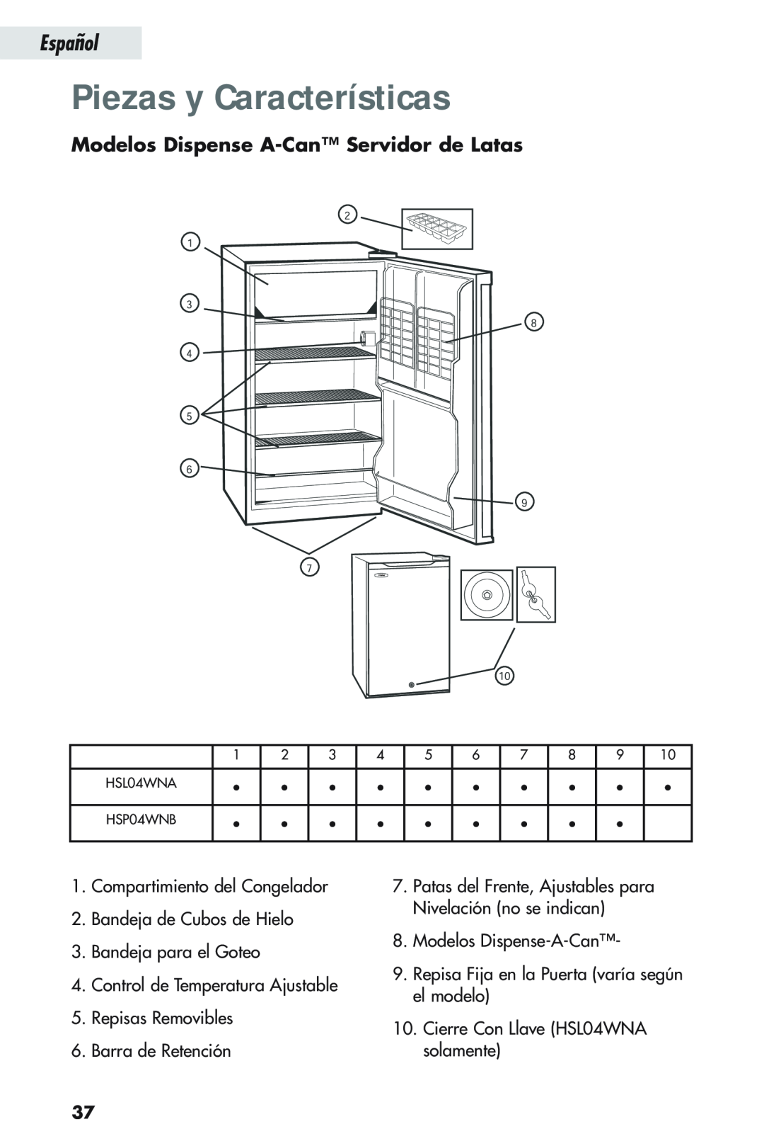 Haier HSL04WNA, HSP04WNB user manual Piezas y Características, Modelos Dispense A-Can Servidor de Latas, Español 