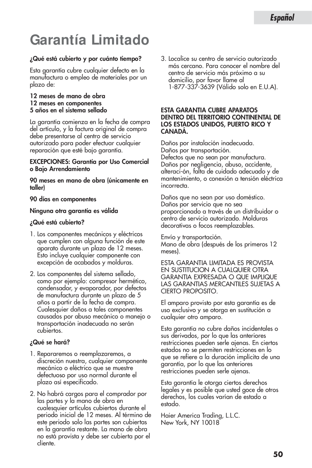 Haier HSP04WNB, HSL04WNA user manual Garantía Limitado, Español 