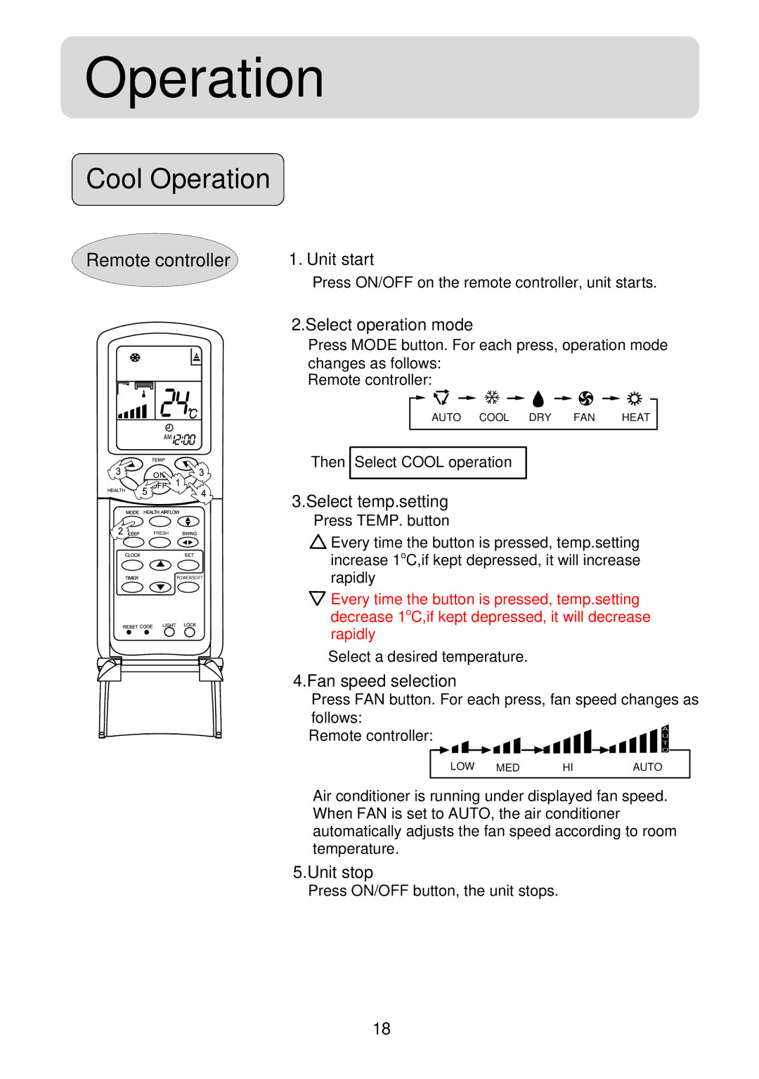 Haier HSU-09R04, HSU-12R04, HSU-18R04, HSU-24R04, HSM09HS03, 2HUM18H03, HSM12HS03 operation manual Cool Operation 