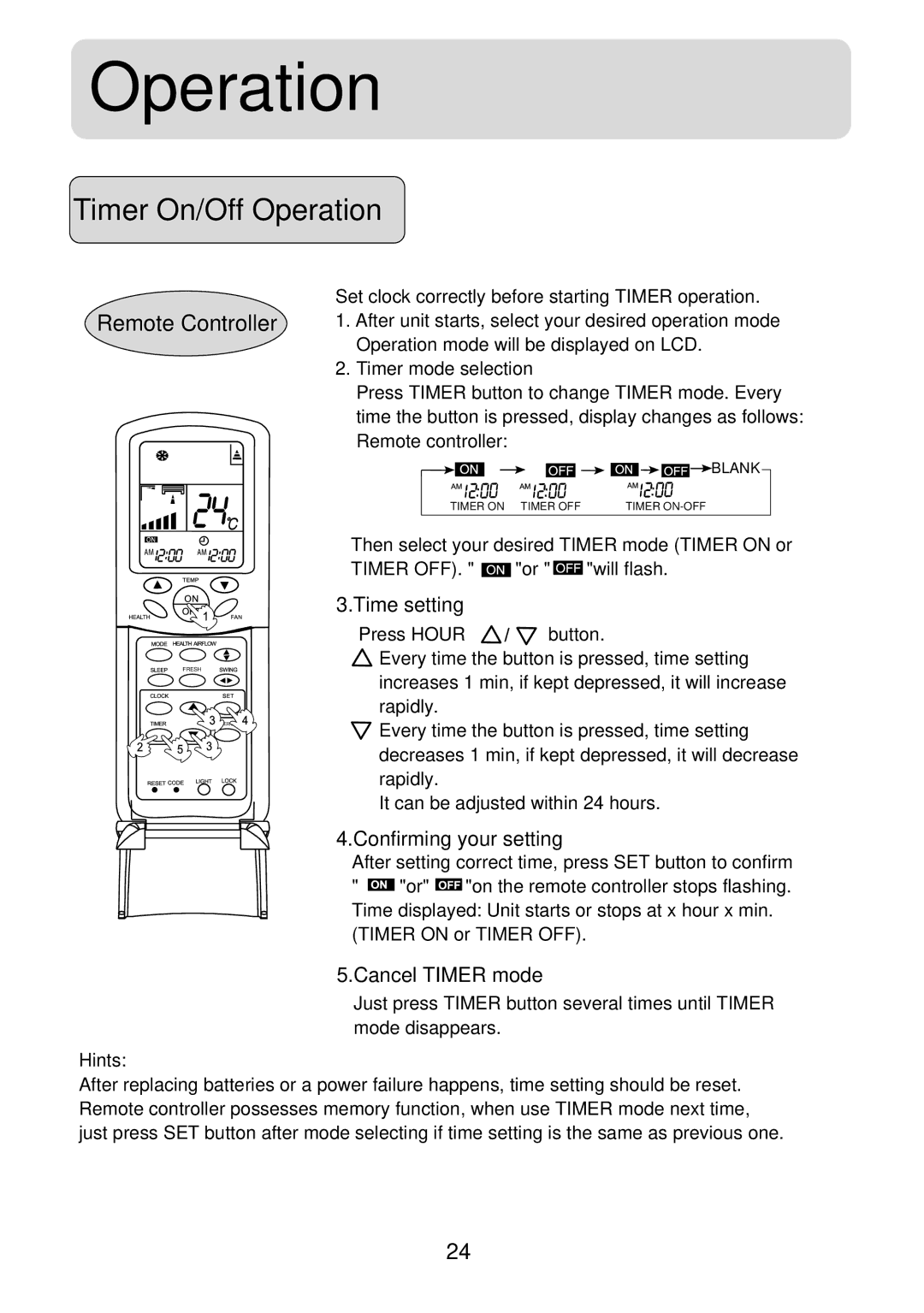 Haier HSU-09R04, HSU-12R04, HSU-18R04, HSU-24R04 Timer On/Off Operation, Time setting, Confirming your setting 