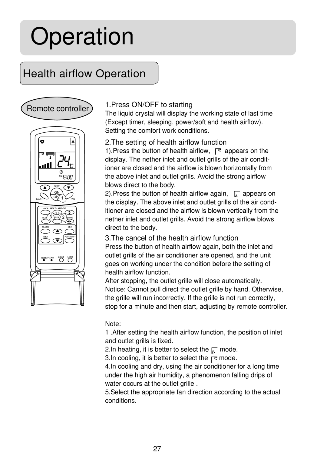 Haier HSM09HS03, 2HUM18H03, HSM12HS03 operation manual Health airflow Operation, Press ON/OFF to starting 