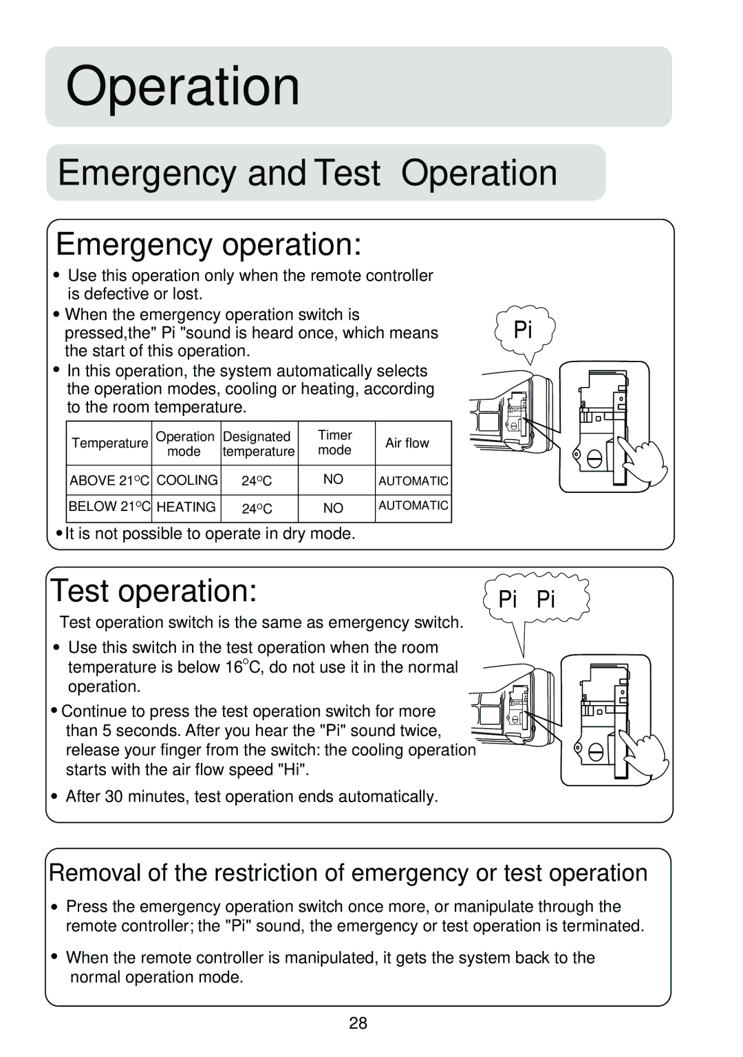 Haier HSU-09R04, HSU-12R04, HSU-18R04, HSU-24R04 operation manual Removal of the restriction of emergency or test operation 