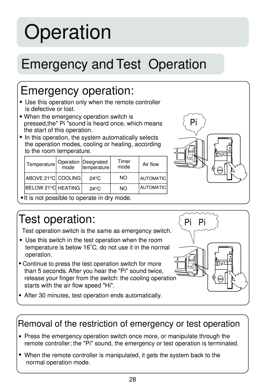 Haier HSU-09R04, HSU-12R04, HSU-18R04, HSU-24R04 Emergency and Test Operation, Emergency operation, Test operation 