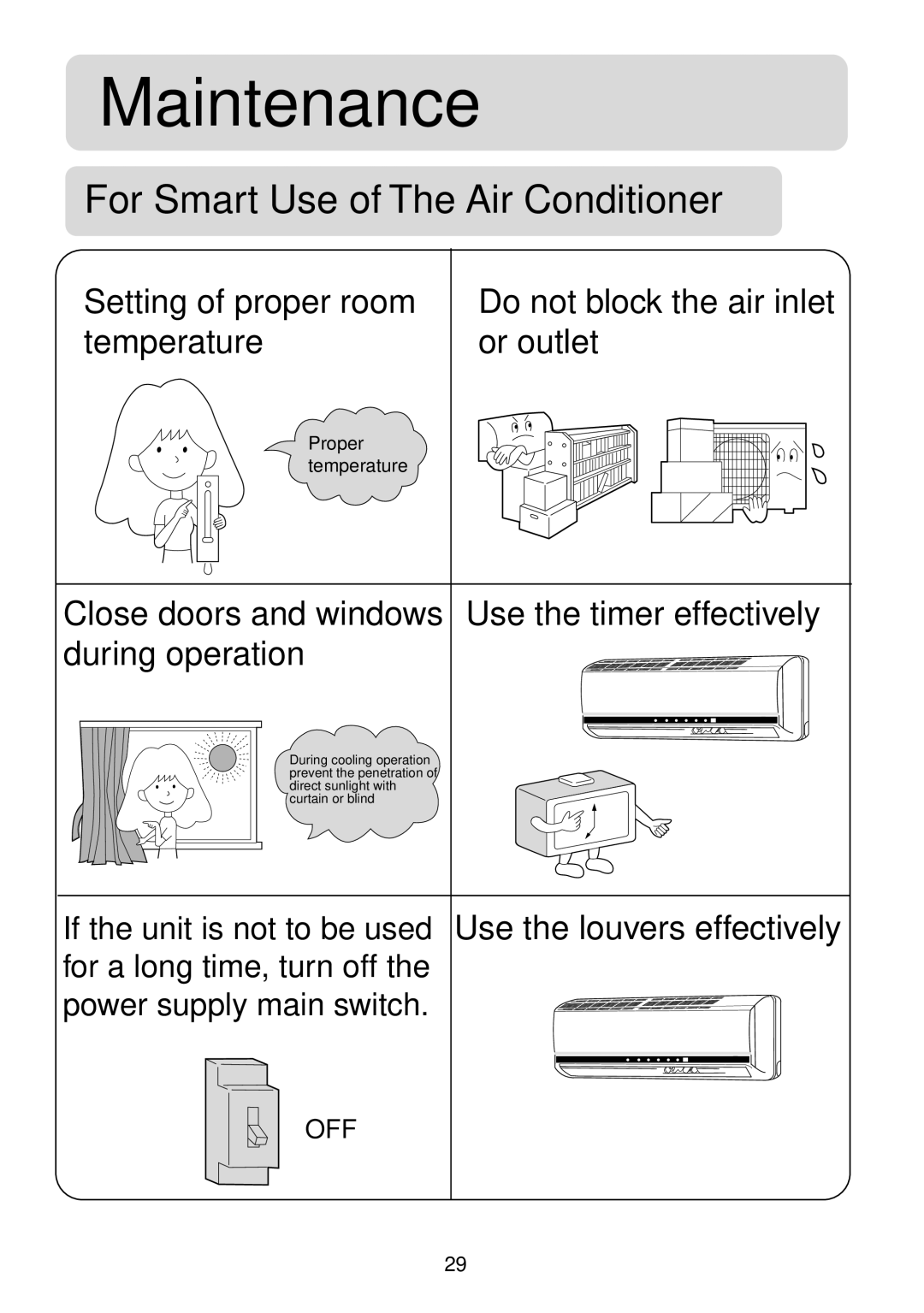 Haier HSM09HS03, 2HUM18H03, HSM12HS03 Maintenance, For Smart Use of The Air Conditioner, Setting of proper room, or outlet 