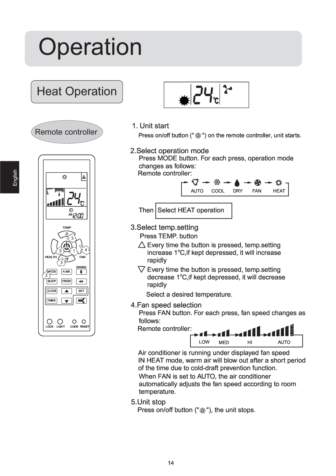 Haier HSM09RU03, HSM12RU03, 2HUM18R03 manual Heat Operation, Remote controller 
