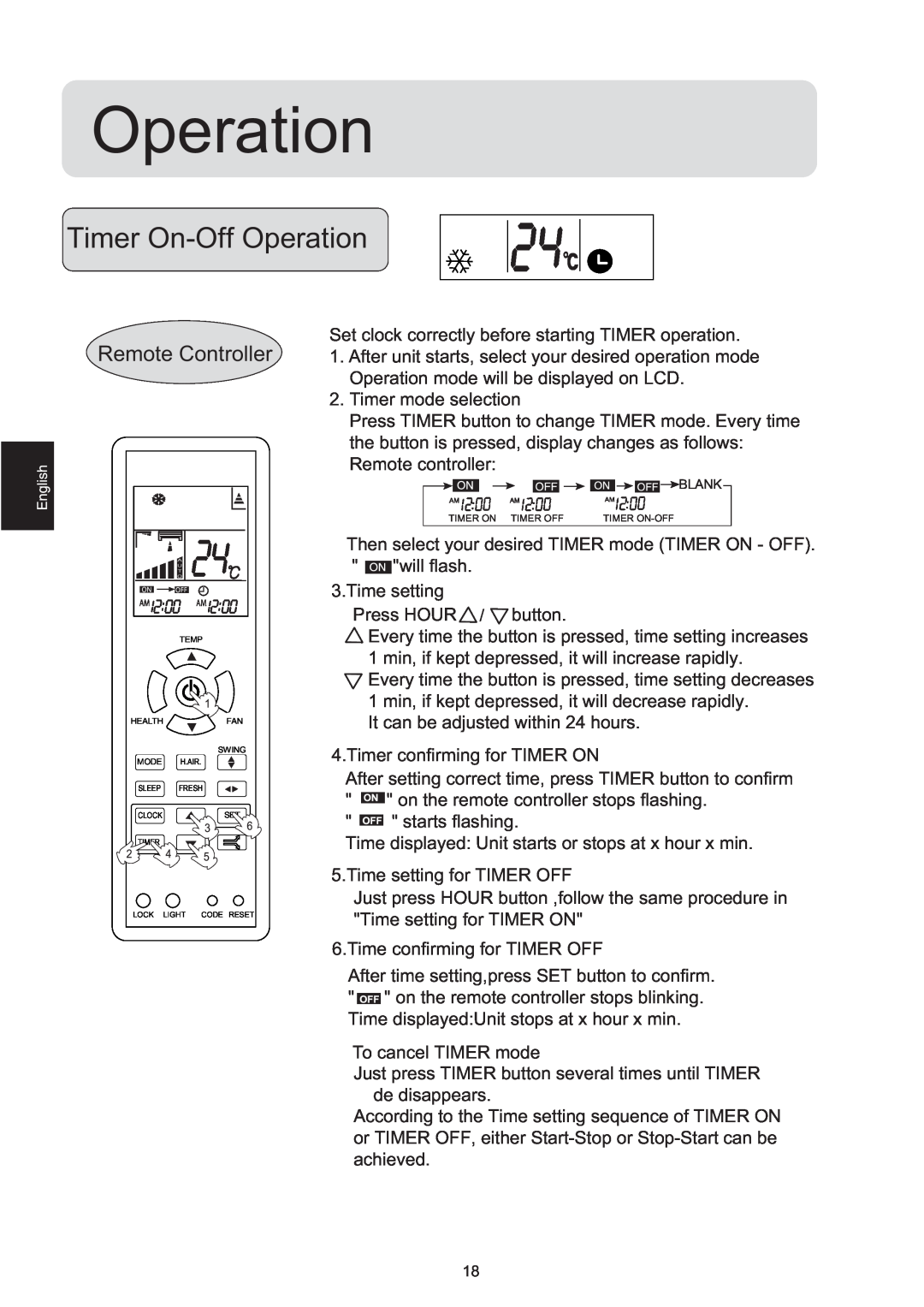 Haier HSM09RU03, HSM12RU03, 2HUM18R03 manual Timer On-OffOperation, Remote Controller 