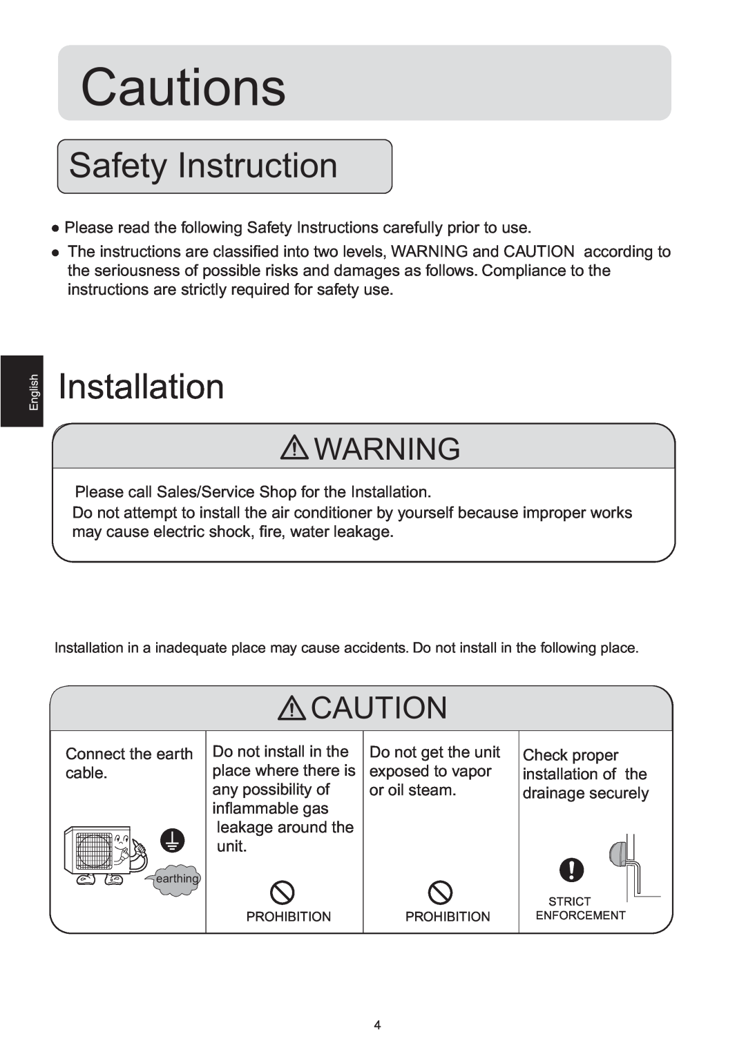 Haier HSM09RU03, HSM12RU03, 2HUM18R03 manual Cautions, Safety Instruction, Installation 