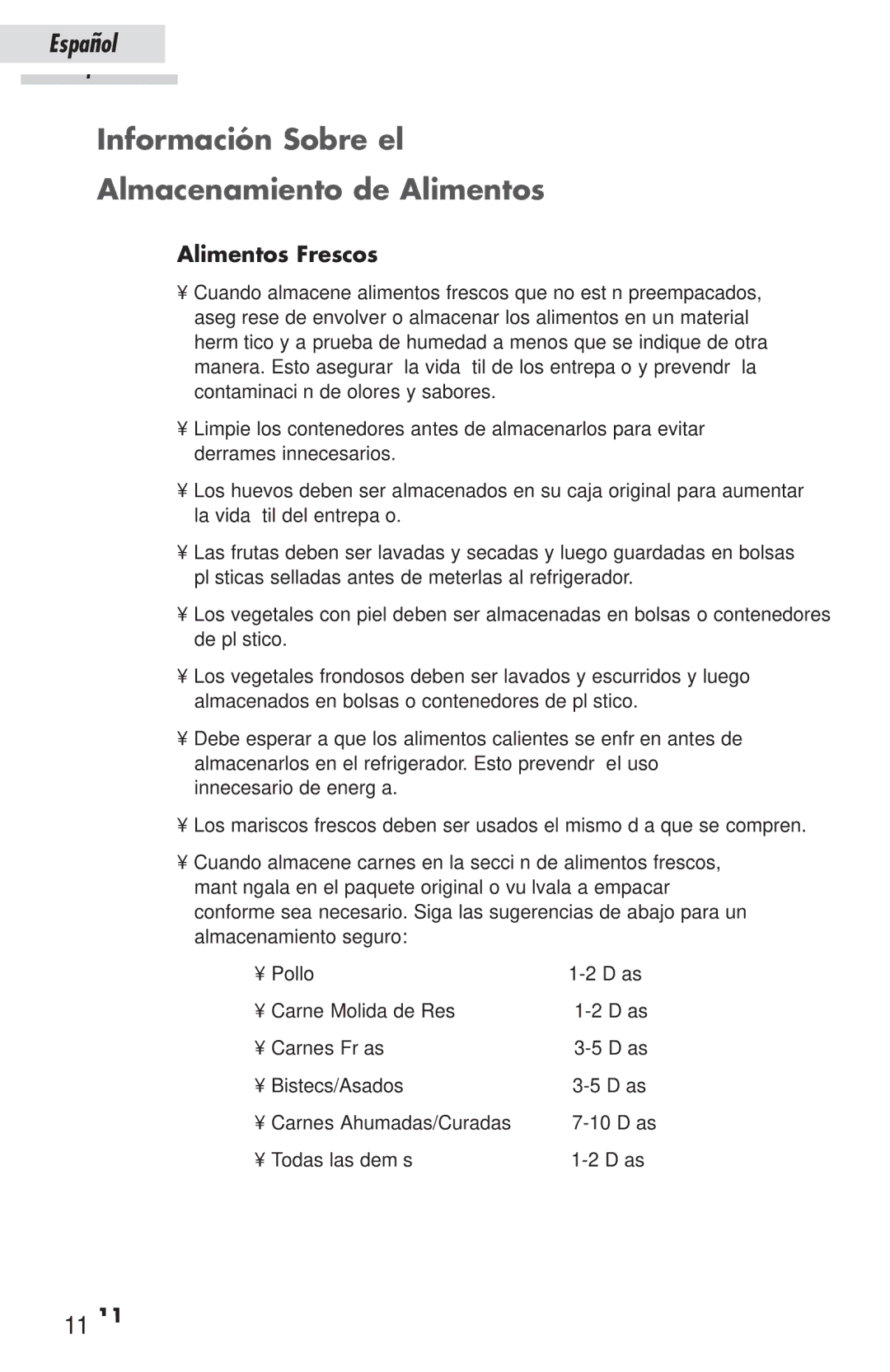 Haier HSP03WNAWW user manual Información Sobre el Almacenamiento de Alimentos, Alimentos Frescos 