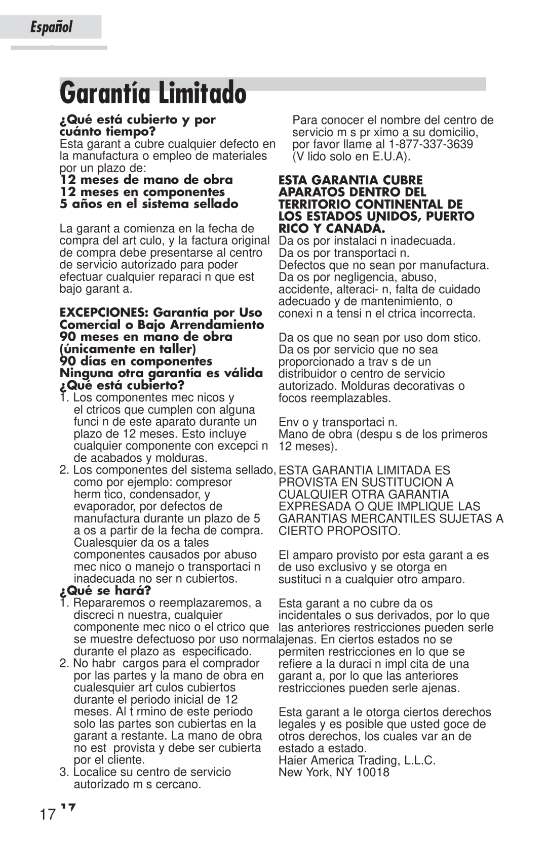 Haier HSP03WNAWW user manual Garantía Limitado 