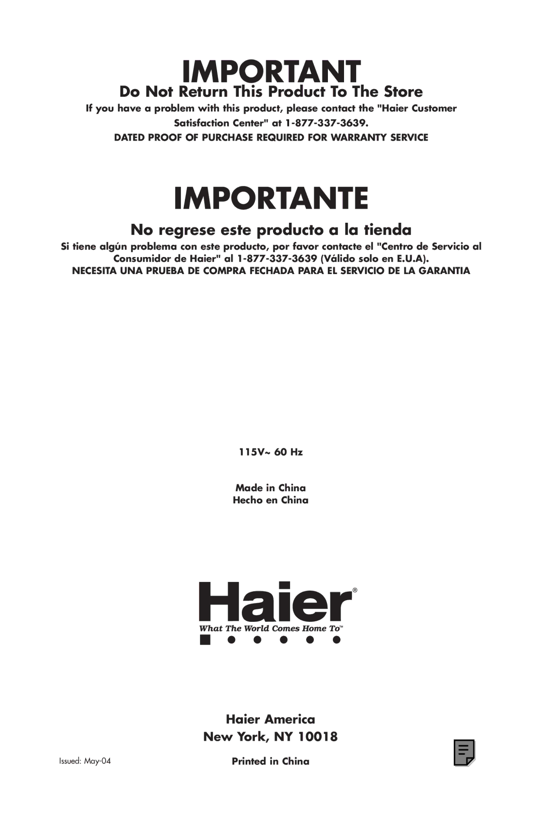 Haier HSP03WNAWW user manual Importante 